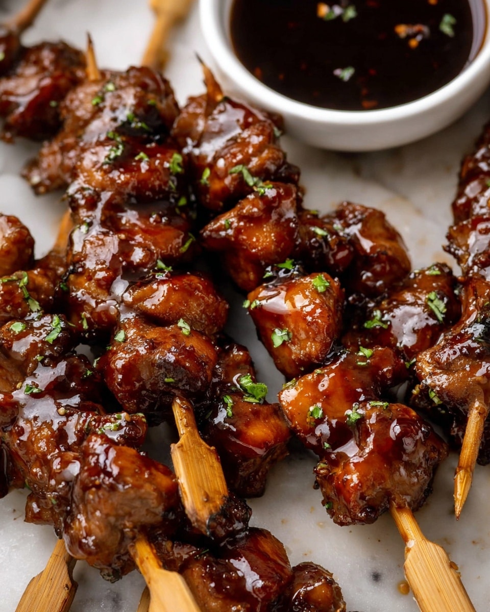 Close-up view of several wooden skewers with pieces of shiny, dark brown glazed grilled meat on them, sprinkled with small green herbs. The skewers are arranged on a white marbled surface. In the background, there is a small white bowl filled with a dark dipping sauce. The meat looks tender and coated in a sticky sauce that catches the light. photo taken with an iphone --ar 4:5 --v 7