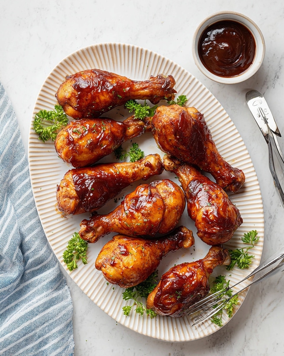 A white round plate with ridged edges holds nine shiny, golden-brown glazed drumsticks arranged neatly in two rows, with small sprigs of green parsley placed between some drumsticks for garnish. To the top right of the plate, there is a small white bowl filled with thick dark brown sauce. A pair of silver tongs rests on the white marbled surface near the plate. A blue and white striped cloth is partially visible on the bottom left side of the image. Photo taken with an iphone --ar 4:5 --v 7