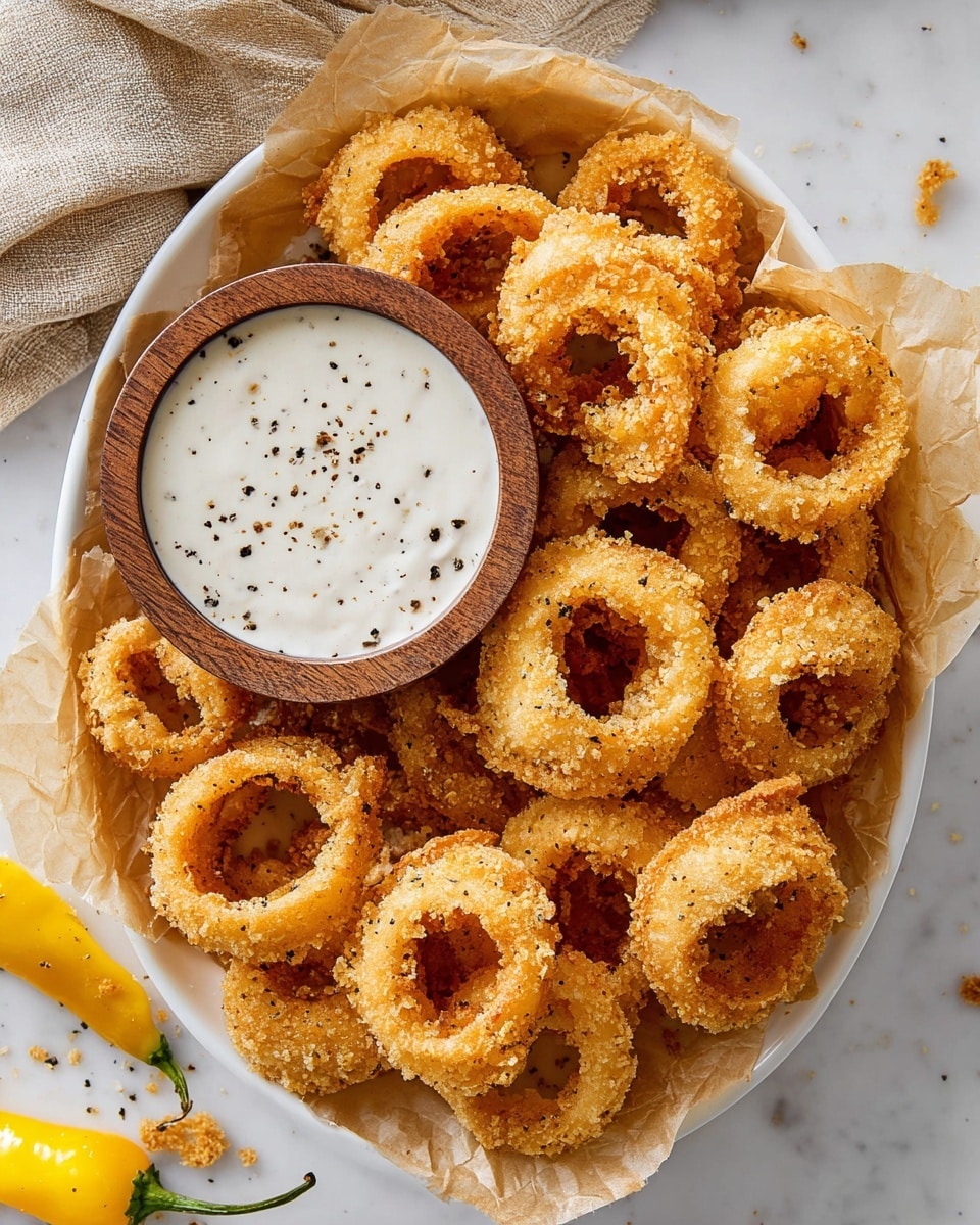 A white plate with crinkled brown paper on top holds many golden brown fried onion rings, each crispy with a slightly rough texture and lightly sprinkled with black pepper. In the center of the plate, there is a small round wooden bowl filled with thick white dipping sauce that has tiny black pepper flakes on the surface. Around the plate, yellow chili peppers and some crumbs are visible on a white marbled surface with a beige cloth partially shown on the side. photo taken with an iphone --ar 4:5 --v 7