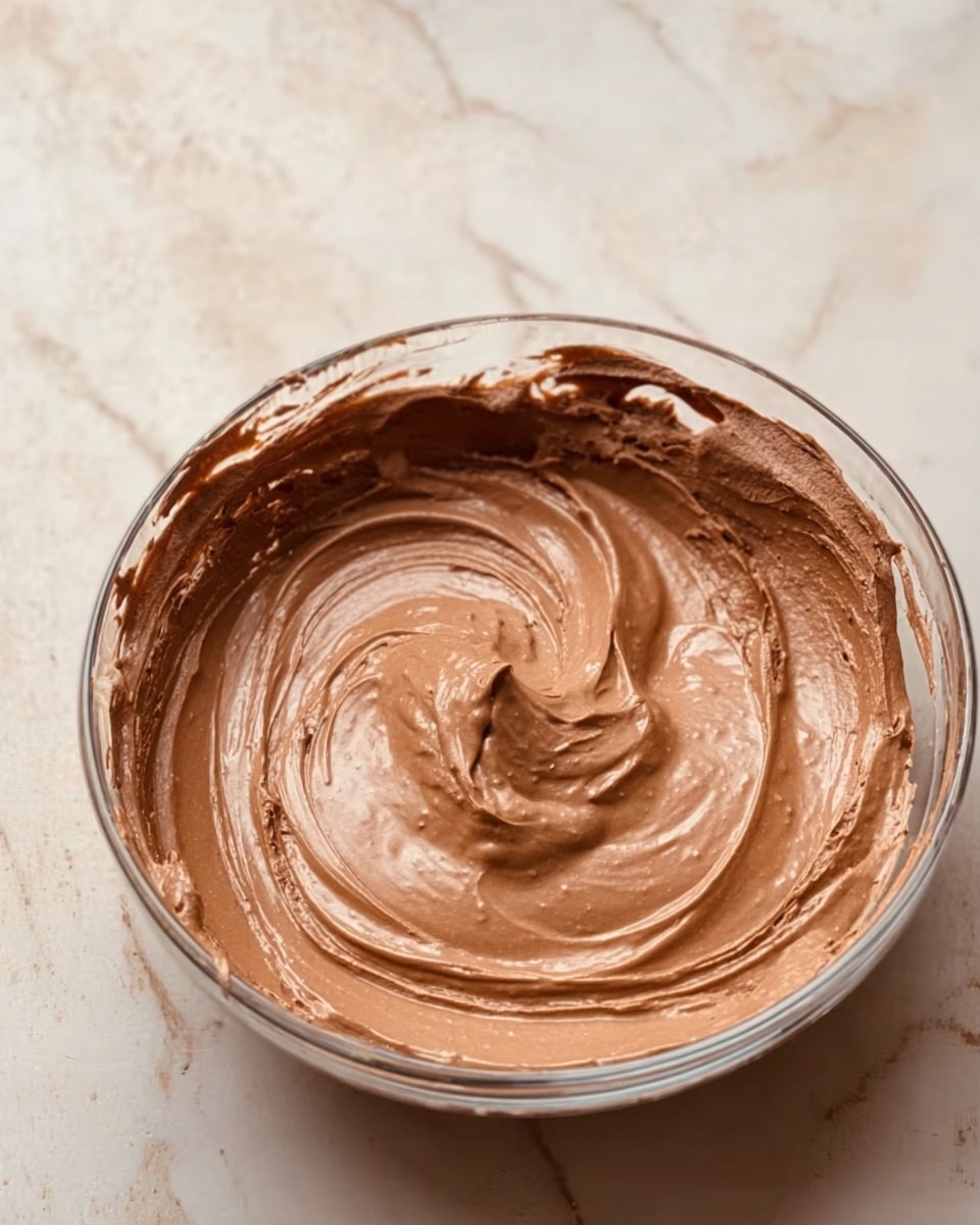 The image shows a clear glass bowl filled with smooth, thick chocolate mousse. The mousse has a rich, light brown color with a creamy, swirled texture, and it is evenly spread inside the bowl with a slight peak in the center where it has been stirred. The bowl is placed on a white marbled surface with soft natural light highlighting the shiny surface of the mousse, creating small reflections. The edges of the bowl have bits of mousse stuck to them, adding a sense of freshly made dessert. photo taken with an iphone --ar 4:5 --v 7