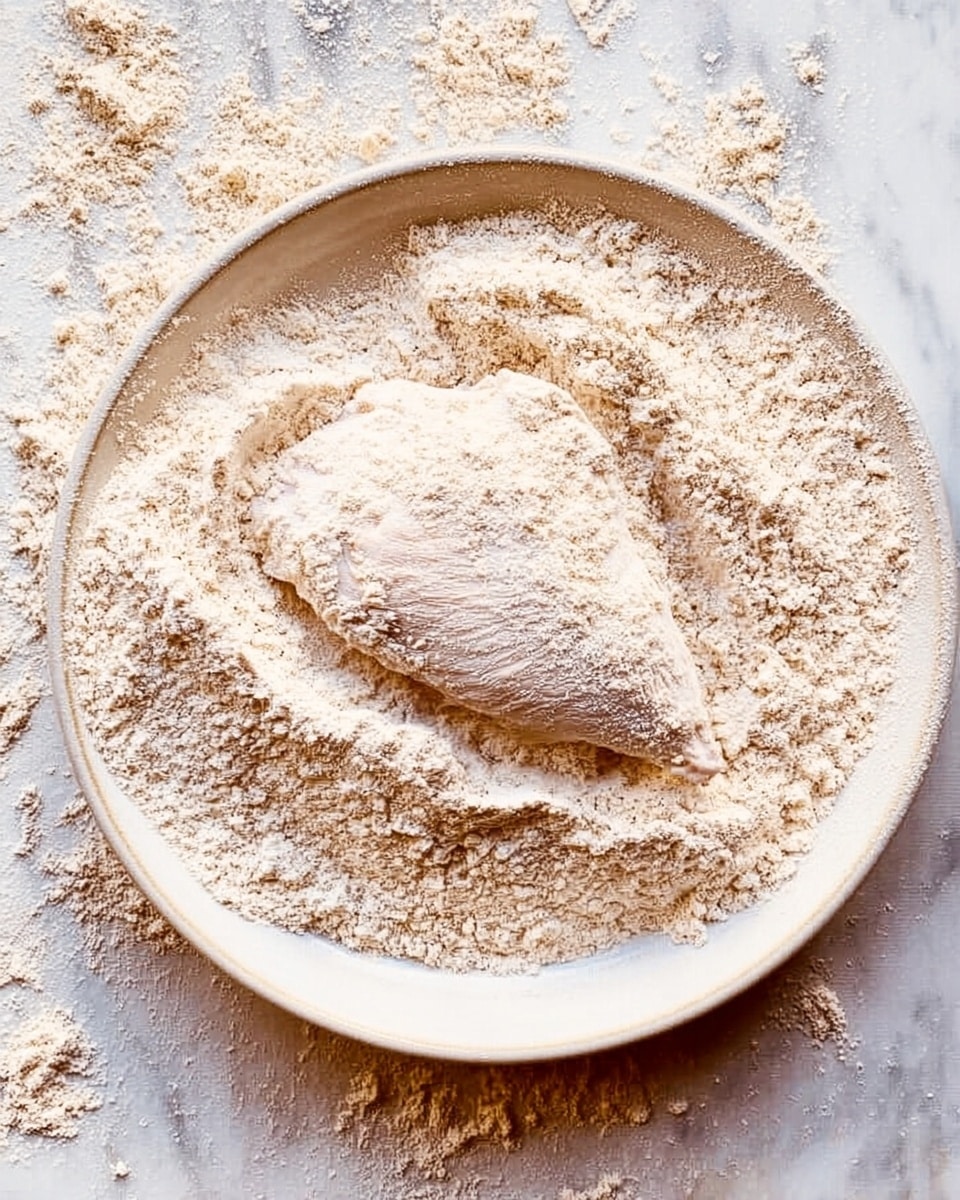 A white shallow dish filled with light tan flour, with a single raw chicken piece fully covered in the flour sitting in the center. The flour has a powdery texture with some scattered clumps around the chicken, and some flour spread on the white marbled surface around the dish. photo taken with an iphone --ar 4:5 --v 7