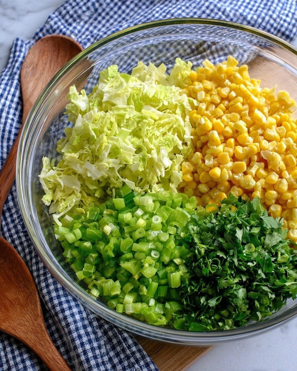 A clear glass bowl with four separate layers of fresh ingredients sits on a white marbled surface. The first layer on the left consists of finely chopped light green pale yellow cabbage with a soft texture. Next to it on the right is a pile of finely chopped bright green jalapeno peppers with a crisp texture. Below the cabbage layer are vibrant green chopped scallions with a fresh look, and next to them at the bottom right corner is dark green chopped cilantro leaves with thin stems. To the right of the jalapeno pepper is a large portion of light yellow corn kernels with a smooth and shiny texture. A blue and white checkered cloth is partially visible under the bowl, and a wooden spoon rests nearby. Photo taken with an iphone --ar 4:5 --v 7