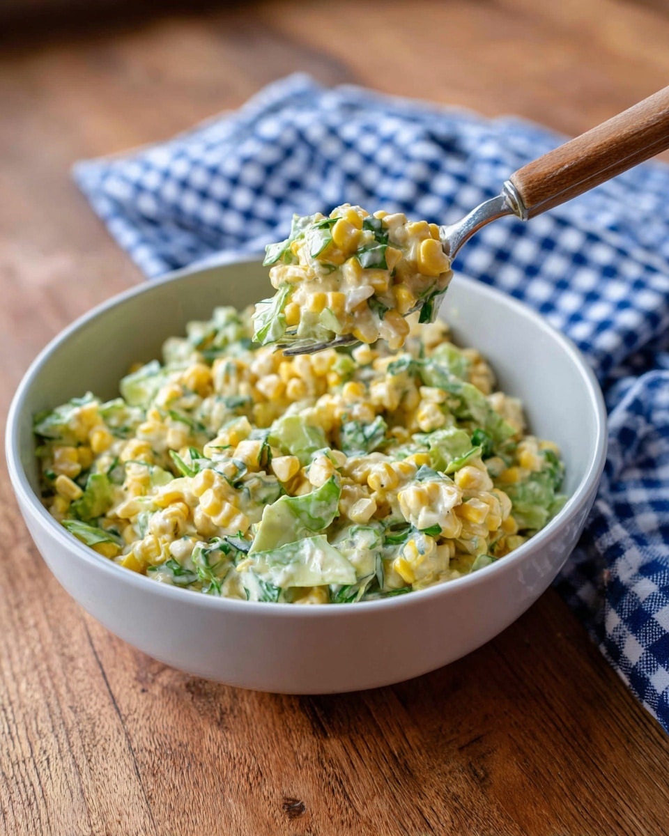A textured mix of yellow corn kernels and green chopped lettuce with a creamy light dressing is shown in a white bowl placed on a wooden surface. A fork with a wooden handle holds a bite of the mixture above the bowl, with a blue and white checkered cloth in the background. The colors of the dish are mainly light yellow and green, showing small mixed layers of corn and shredded lettuce. Photo taken with an iphone --ar 4:5 --v 7