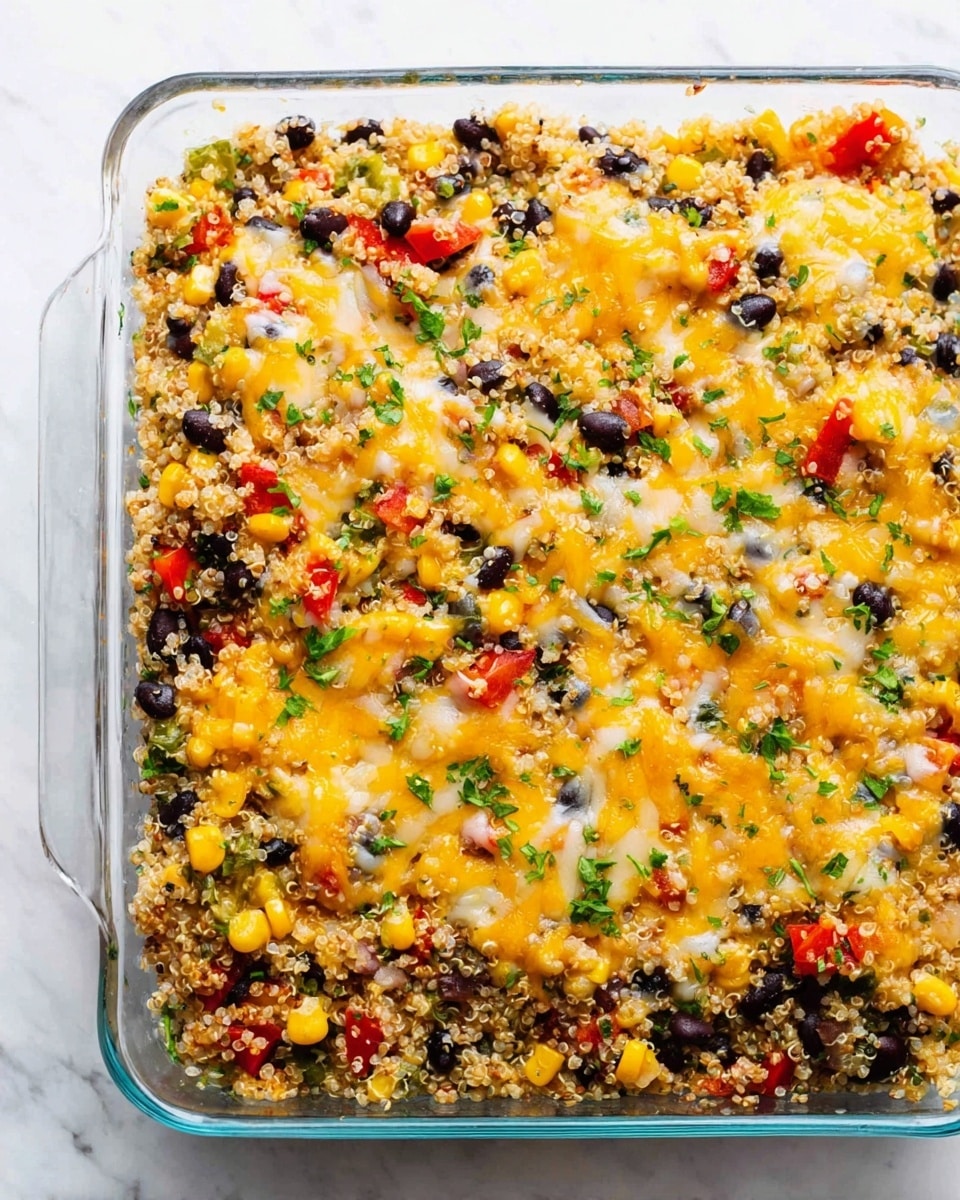 A clear glass baking dish filled with a colorful quinoa casserole on a white marbled surface, showing multiple layers mixed evenly. The base layer is light-colored quinoa grains, topped with scattered yellow corn kernels, black beans, and small red pepper pieces. Melted cheese in golden yellow and white patches is spread across the top, with small green herb pieces sprinkled all over. The texture looks soft and slightly crunchy with a mix of vibrant colors including yellow, black, red, and green. photo taken with an iphone --ar 4:5 --v 7