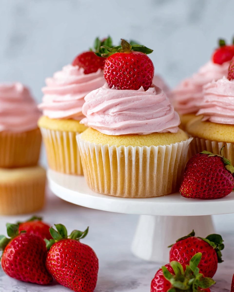 The image shows several soft yellow cupcakes placed on a white cake stand with a white marbled background. Each cupcake has two main layers: the base layer is the yellow cupcake itself wrapped in a white paper liner, and the top layer is pink swirled frosting, thick and smooth, with a fresh red strawberry half placed on top of the frosting. Around the stand, there are whole and halved strawberries with bright red skin and green leaves, adding color and freshness to the setup. photo taken with an iphone --ar 4:5 --v 7