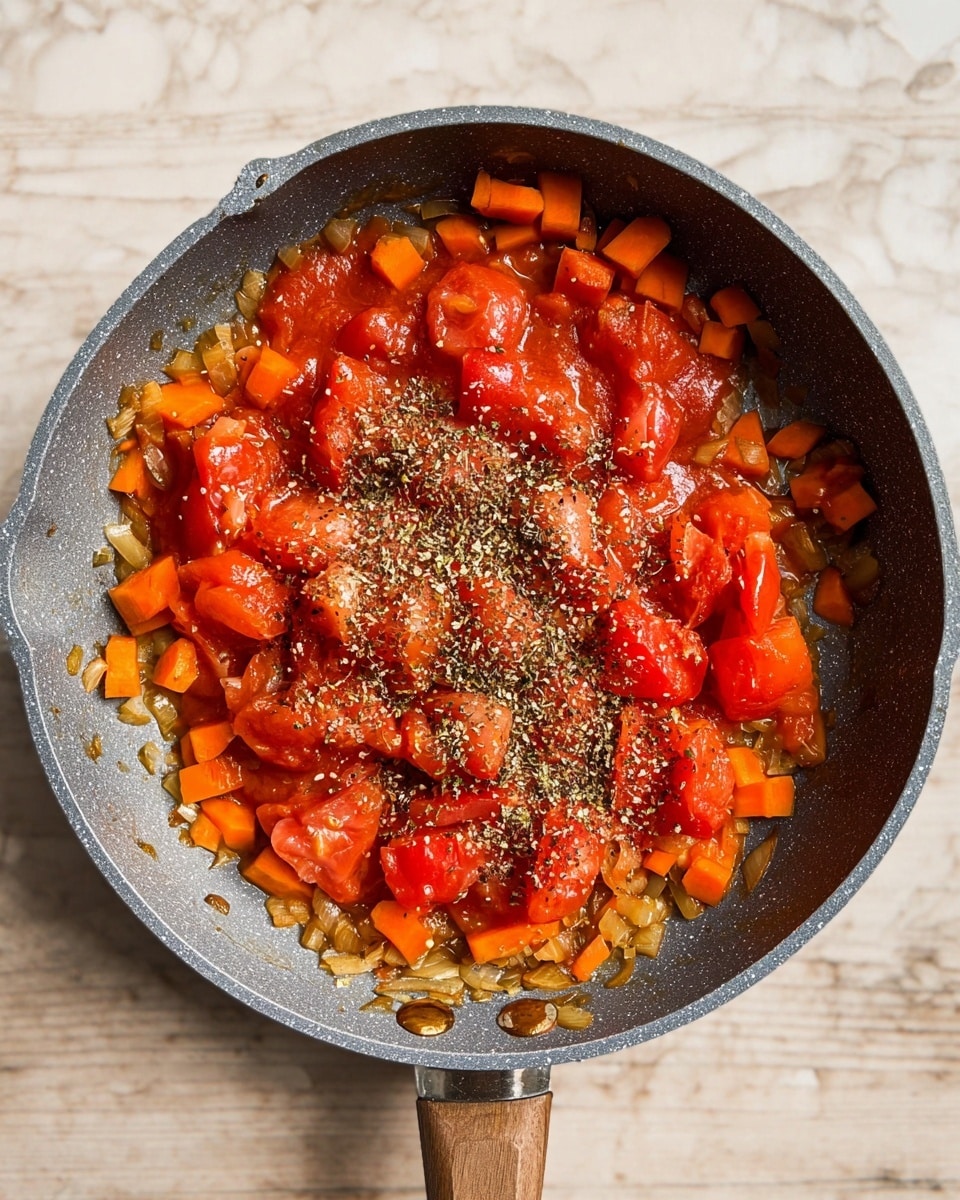 A grey pan filled with a mixture of diced orange carrots and soft light brown onions forming the bottom layer. On top, there are large chunks of bright red tomatoes sitting in a thick red sauce mixed with the carrot and onion base. Sprinkled delicately over the top are dried herbs and ground black pepper, adding texture with fine green and dark specks. The pan is placed on a white marbled surface. photo taken with an iphone --ar 4:5 --v 7