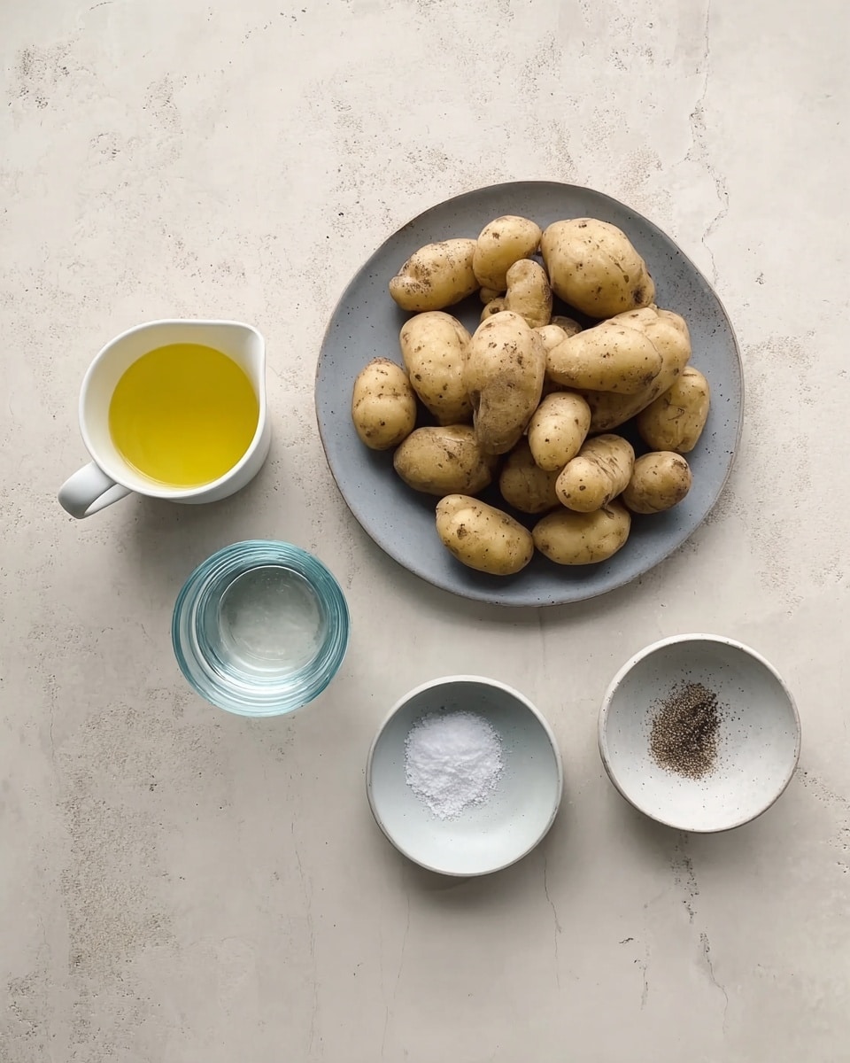 The image shows a white marbled surface with five small containers holding different ingredients arranged in a loose semi-circle. At the center top is a round grey plate filled with many beige finger potatoes, each with a rough texture and some small dark spots. To the left is a small white cup with a handle holding a light yellow liquid, likely oil. Next to it toward the center is a clear glass of water. Below the glass is a small white bowl filled with coarse white salt. To the right is a small white bowl containing ground black pepper. The overall look is simple and clean, with soft natural lighting. photo taken with an iphone --ar 4:5 --v 7