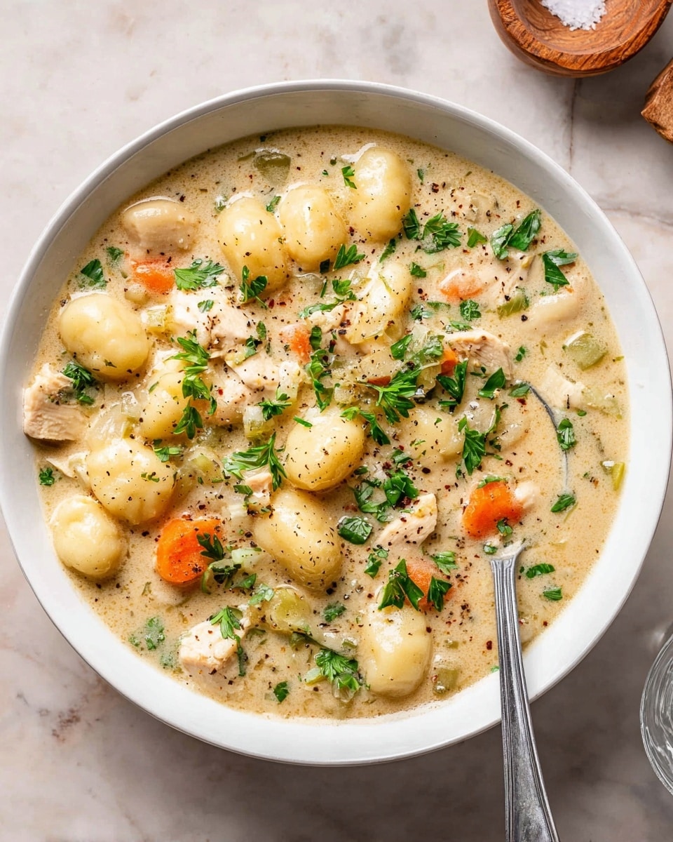 A white bowl filled with thick creamy stew containing multiple layers of soft gnocchi dumplings in pale yellow, small cubes of light brown chicken pieces, carrot chunks in bright orange, and celery in light green. The stew is creamy beige with herbs and black pepper sprinkled on top, garnished with fresh green parsley leaves. A silver spoon is partially submerged in the right side of the bowl. The bowl sits on a white marbled surface with a small wooden salt bowl and a glass visible near the edges. Photo taken with an iphone --ar 4:5 --v 7