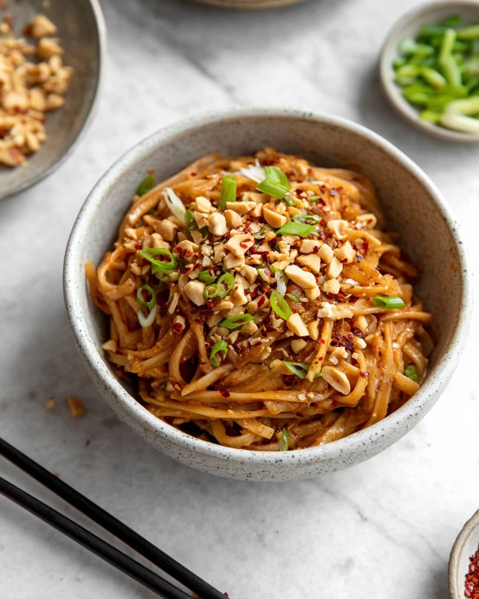 A bowl filled with medium-thick brown noodles coated in a sauce, topped with chopped peanuts and sliced green onions, sprinkled with red chili flakes. The noodles are slightly glossy and piled high inside a speckled light grey bowl. Near the bowl, two sets of black chopsticks rest side by side on a white marbled surface. There are small bowls in the background with green onions and red chili flakes scattered around. photo taken with an iphone --ar 4:5 --v 7