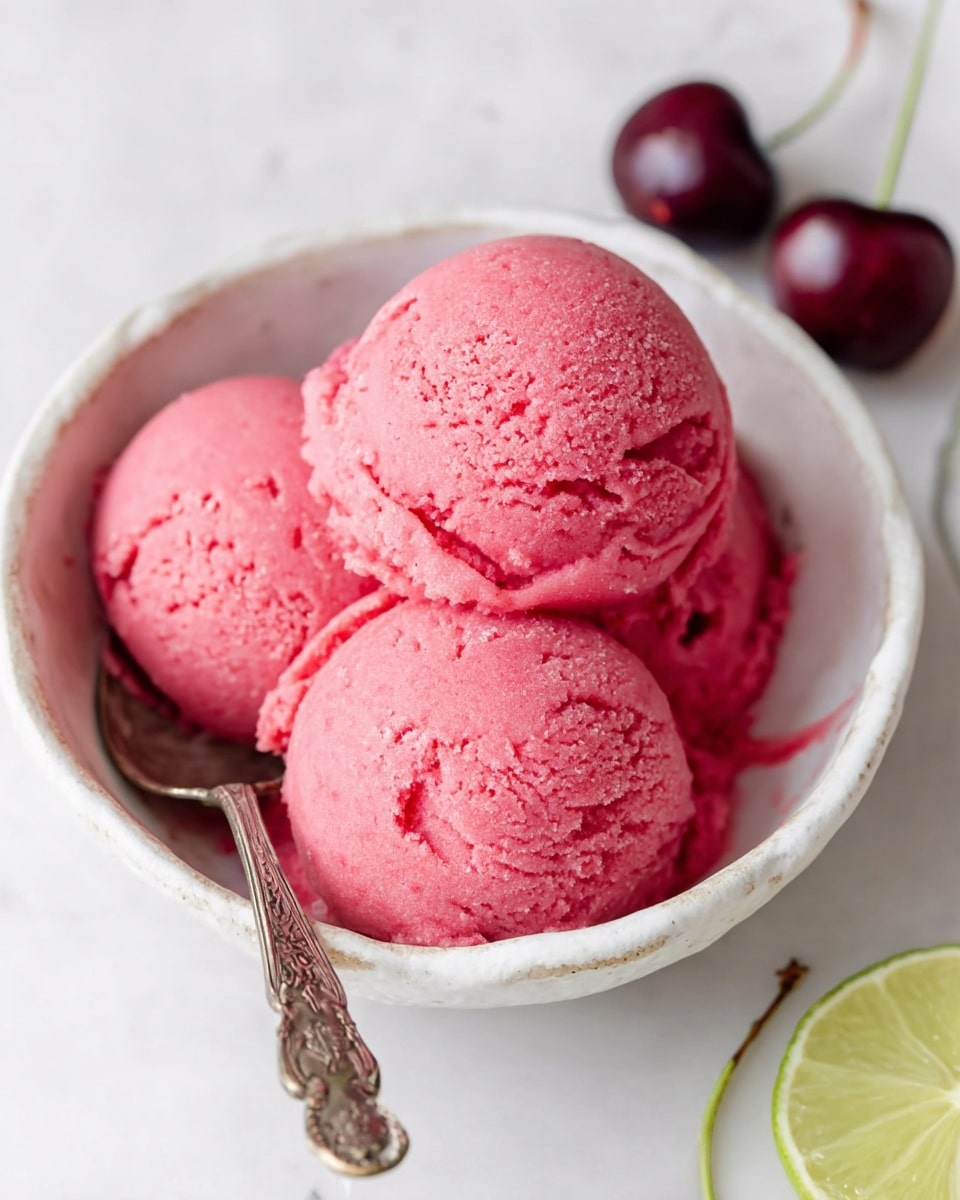 Three scoops of bright pink ice cream with a smooth texture but some small rough spots are placed inside a white bowl with uneven edges. The ice cream scoops are stacked closely, filling most of the bowl's center. A vintage silver spoon, with detailed patterns on the handle, is tucked under the ice cream scoops, leaning against the left side of the bowl. The bowl sits on a white marbled surface, and three dark red cherries with green stems are placed out of focus in the background on the right side, while a slice of lime with green peel and a pale yellow inside is at the lower right corner. Photo taken with an iphone --ar 4:5 --v 7