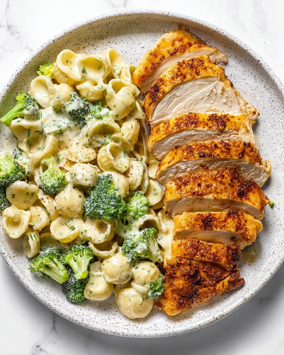 A white speckled round plate holds two main parts: on the left, five thick slices of golden brown cooked chicken with a slightly crispy, seasoned skin, showing the light, juicy meat inside; on the right, a creamy pasta and broccoli mix with small pasta shells coated in a white sauce and bright green broccoli florets, some with a fork partially visible under the pasta; the plate sits on a white marbled surface. photo taken with an iphone --ar 4:5 --v 7