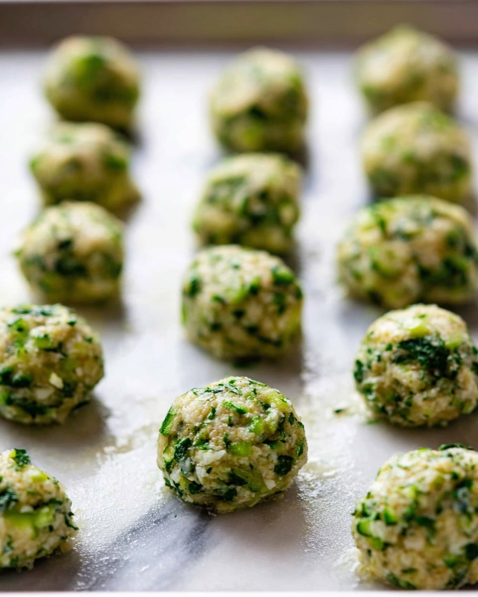 The image shows several small, round green veggie balls arranged in rows on a baking tray with a light oily texture. Each ball has a rough, uneven surface with visible bits of green herbs and vegetables mixed with a pale, creamy base, showing a mix of small green and white pieces. The balls are spaced out evenly on the tray, which is set on a white marbled surface that softly reflects light. The focus is sharp on the front balls, with the background softly blurred, highlighting the fresh, slightly moist texture of the mix. Photo taken with an iphone --ar 4:5 --v 7