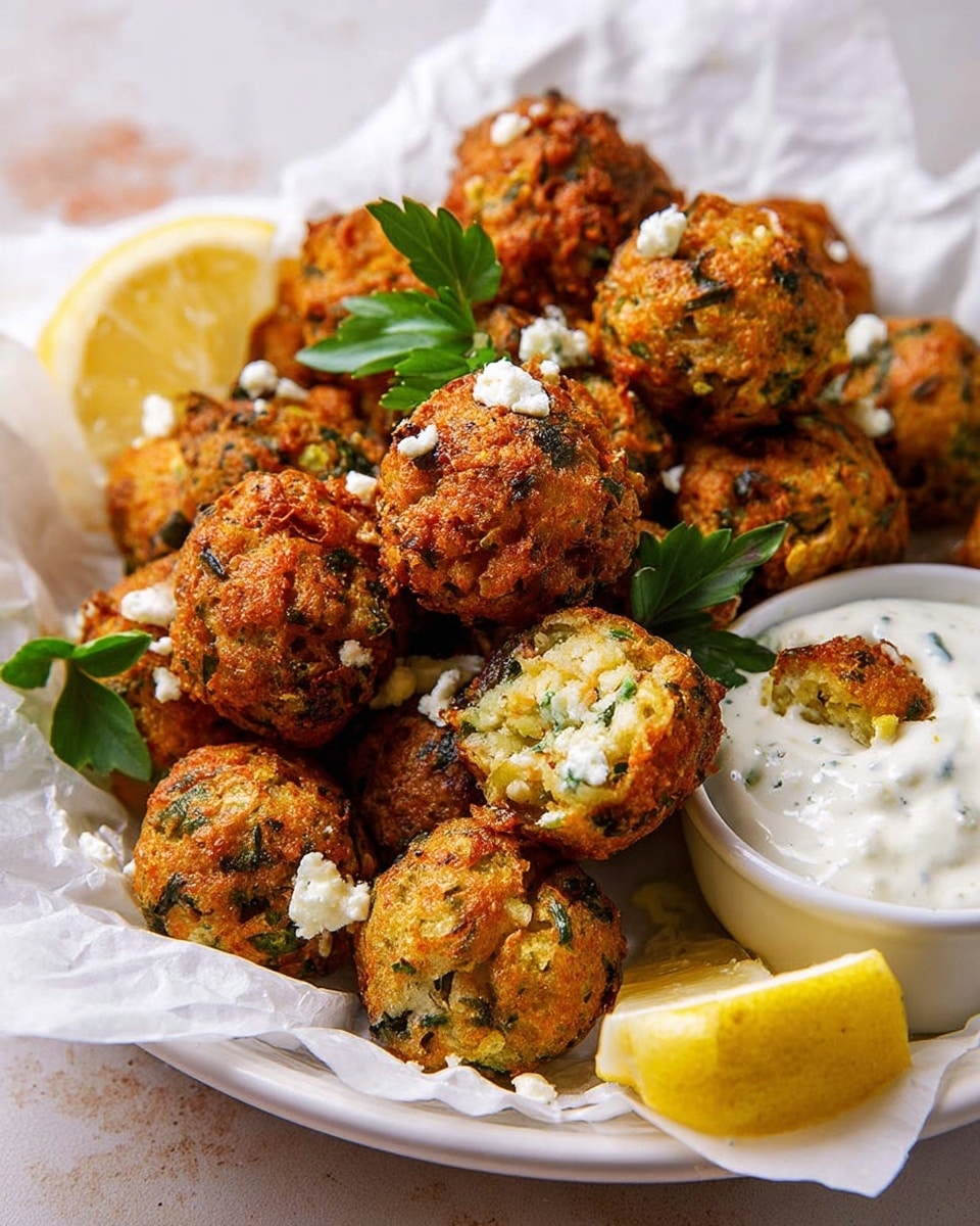 A white plate lined with white paper holds many small, golden-brown fried balls that have a rough and crispy texture with visible bits of green herbs inside. Some white crumbly cheese is sprinkled on top of the balls, with small green sprigs of fresh herbs placed around them. Two lemon wedges with bright yellow flesh rest on the plate's edge. On the right side of the plate is a white round bowl filled with creamy white dipping sauce, and one fried ball is placed on the edge of the bowl, partially dipped in the sauce. The background shows a soft white marbled texture. photo taken with an iphone --ar 4:5 --v 7