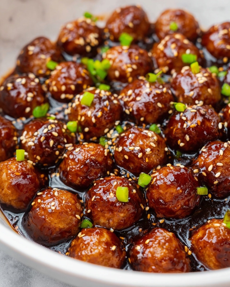 The image shows many round meatballs covered in a thick dark brown sauce, arranged closely together in a white bowl. The meatballs have a shiny, smooth surface with sesame seeds sprinkled on top. Small pieces of green chopped scallions are scattered evenly over the meatballs, adding a fresh contrast to the rich sauce. The background is a white marbled texture. The dish looks warm, glazed, and inviting. photo taken with an iphone --ar 4:5 --v 7