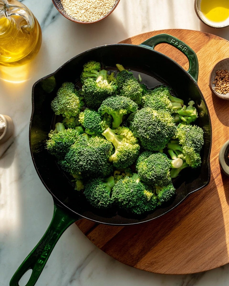 A black cast iron pan with a green handle sits on a wooden board over a white marbled surface. Inside the pan, there are 15 pieces of fresh broccoli with a bright green color, some whole and some cut in half, showing their textured florets and pale green stems. Around the pan, there are small bowls containing white sesame seeds and a golden liquid, along with a glass container with yellow oil. The scene is lit with natural light that highlights the fresh texture of the broccoli and the smooth surface of the pan. photo taken with an iphone --ar 4:5 --v 7