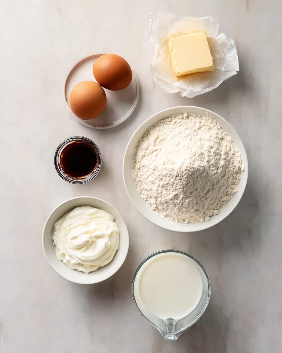 The image shows seven ingredients laid out on a white marbled surface. At the top right is a bowl filled with white flour, next to a small piece of yellow butter partly wrapped in paper. Below the flour is a bowl of white sugar, and to its left is a small white plate with two brown eggs. Just under the eggs, there is a white bowl containing white sour cream or yogurt. Near the bottom left, there is a small glass container with dark brown vanilla or syrup, next to a clear measuring cup filled with white milk. Everything is neatly arranged in a vertical line with soft natural light. Photo taken with an iphone --ar 4:5 --v 7