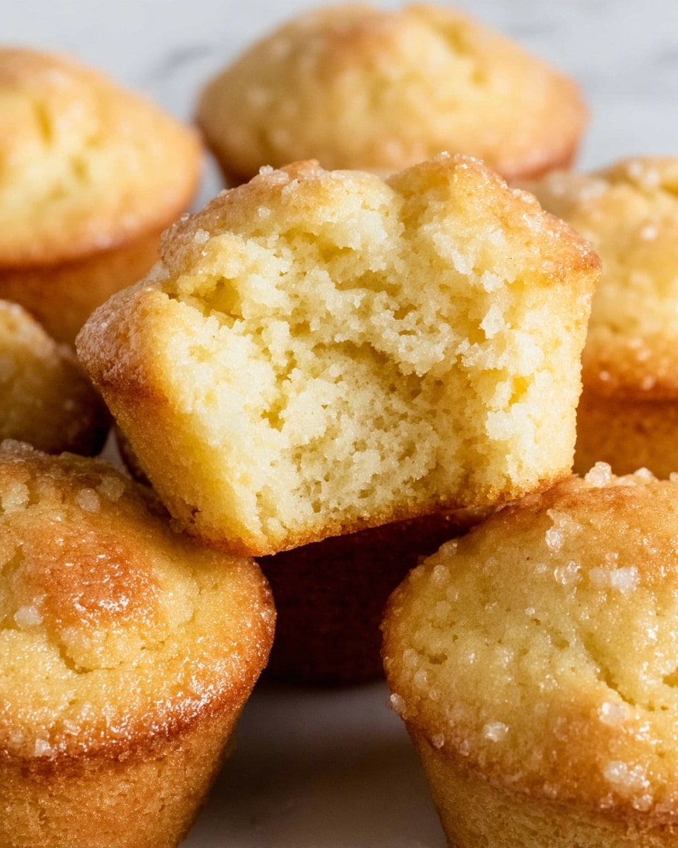 A close-up of several small, round, light golden muffins with a soft and slightly crumbly texture. One muffin is in the front center with a bite taken out of it, showing its fluffy, pale yellow inside with tiny air holes. The tops of the muffins have a slight crystalline sugar sparkle and a cracked, uneven surface. They sit close together on a white marbled surface. photo taken with an iphone --ar 4:5 --v 7