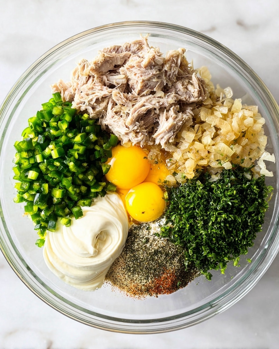Inside a clear glass bowl placed on a white marbled surface, there are seven distinct layers of ingredients arranged with clear separation. Starting from the left, there is a layer of light beige shredded meat with a soft texture. Next to it, toward the top, is a pile of finely chopped bright green jalapeños. To the right of the jalapeños is a layer of golden browned sauteed onions. Below the onions is a thick swirl of creamy white mayonnaise. Just beneath the mayo, occupying the bottom right of the bowl, is a dense layer of finely chopped dark green parsley. Close to the parsley, near the bottom left, sits a mix of tan and black dry seasoning powders. At the center of the bowl, overlapping some powders and near the mayo, are two raw eggs with bright yellow yolks and clear egg whites. The layers are dry except for the eggs and mayo, which have smooth textures. Photo taken with an iphone --ar 4:5 --v 7