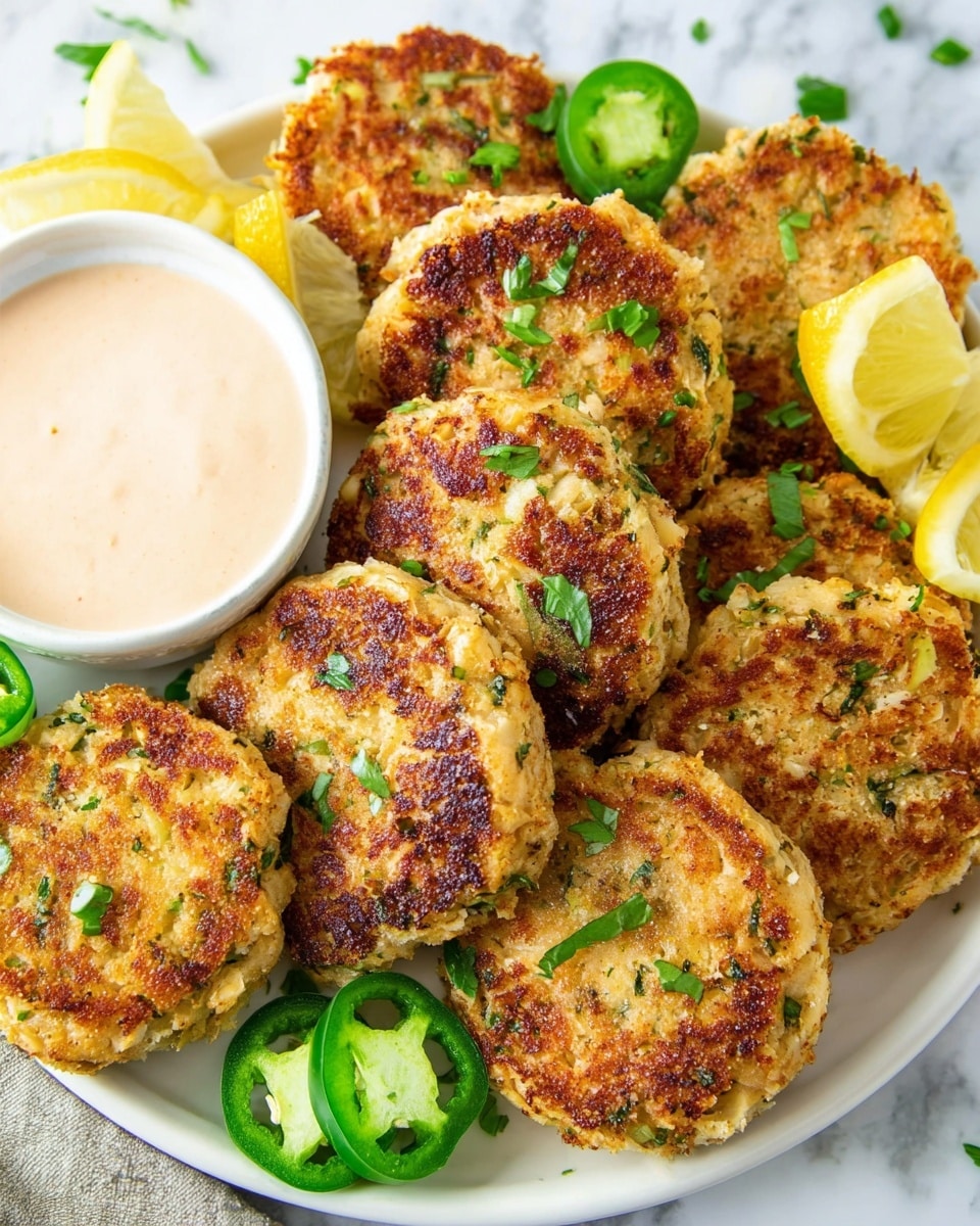 A white plate holds many golden brown crab cakes with a slightly crispy texture and green herb bits inside, arranged close together. Bright green sliced jalapeños and fresh chopped herbs are scattered around the cakes. Wedges of yellow lemon sit on the edge of the plate. A bowl of creamy light pink sauce is placed on the left side of the plate. The background is a white marbled surface. photo taken with an iphone --ar 4:5 --v 7