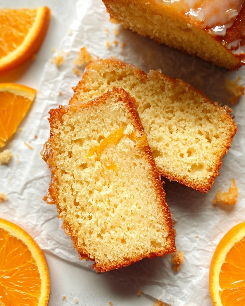 The image shows two slices of a light golden brown cake with a soft, crumbly texture, placed on a piece of white parchment paper on a white marbled surface. The top slice has a slightly uneven surface with hints of orange zest embedded, while the bottom slice's edge reveals a shiny glaze that catches the light. Surrounding the slices are a few thin, bright orange slices with visible juicy segments, adding a fresh and vibrant contrast. Crumbs scattered around give a sense of texture and freshness. Photo taken with an iphone --ar 4:5 --v 7