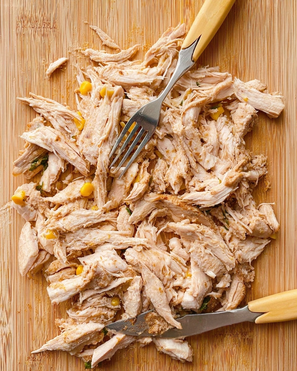 The image shows shredded cooked chicken pieces spread out on a wooden cutting board with some visible bits of yellow corn and green chili mixed in. Two forks with light yellow handles are placed on top of the chicken, one larger and one smaller, positioned close together near the center. The chicken is light beige with some browned edges, and the texture looks soft and fibrous, showing clear strands. The cutting board has a warm light wood grain finish, and the background surface is a light wood texture. photo taken with an iphone --ar 4:5 --v 7