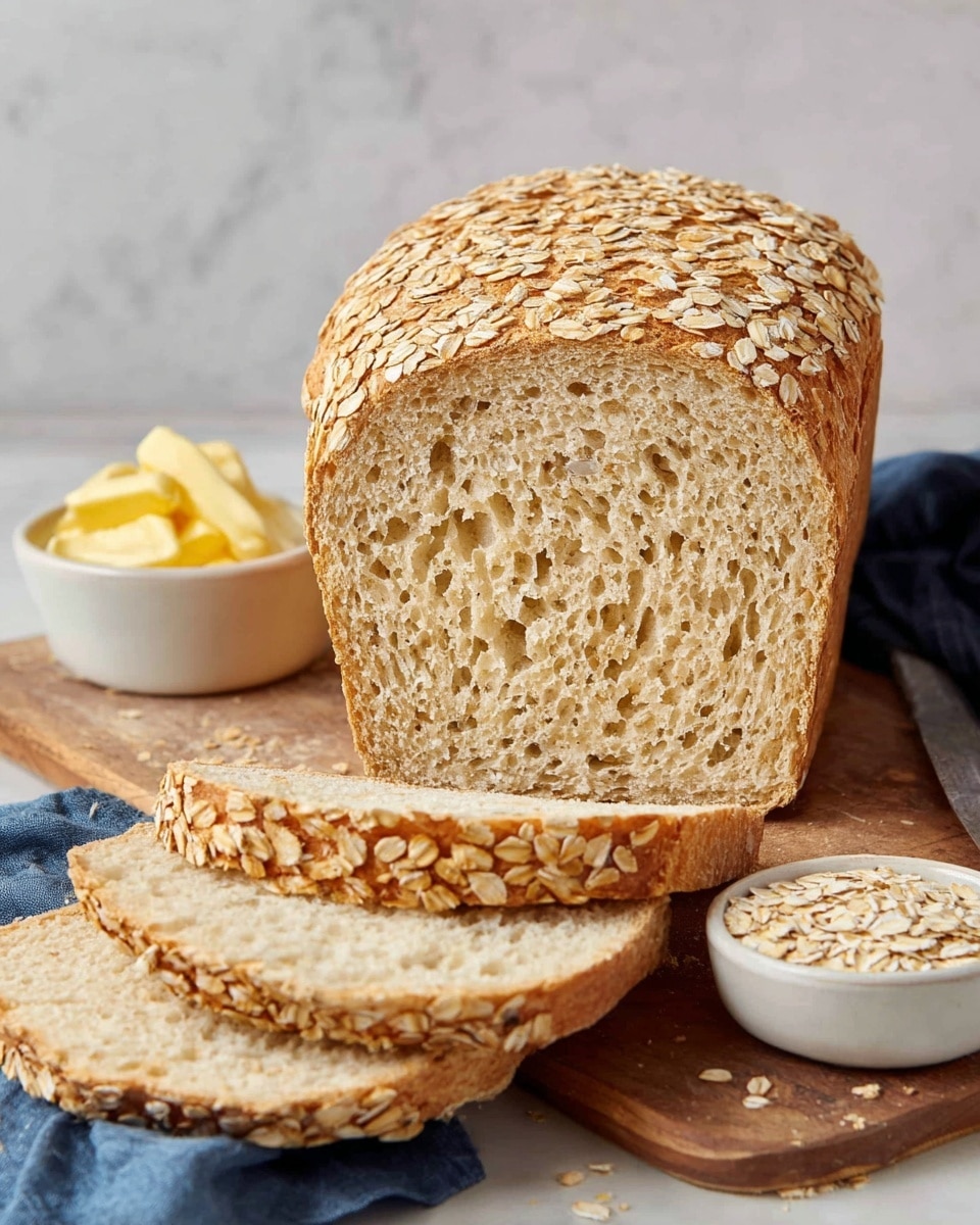 A loaf of bread with a golden-brown crust covered in light tan oats is standing upright on a wooden surface. The inside shows a soft, light beige texture with tiny holes, indicating fluffiness. Three slices have been cut from the loaf and lie flat in front, showing the same soft inside and oat-covered crust. Beside the bread, there are two small white bowls, one filled with light yellow butter and the other with more oats. A blue cloth is softly placed next to the loaf, and the background is a smooth, white marbled surface. photo taken with an iphone --ar 4:5 --v 7