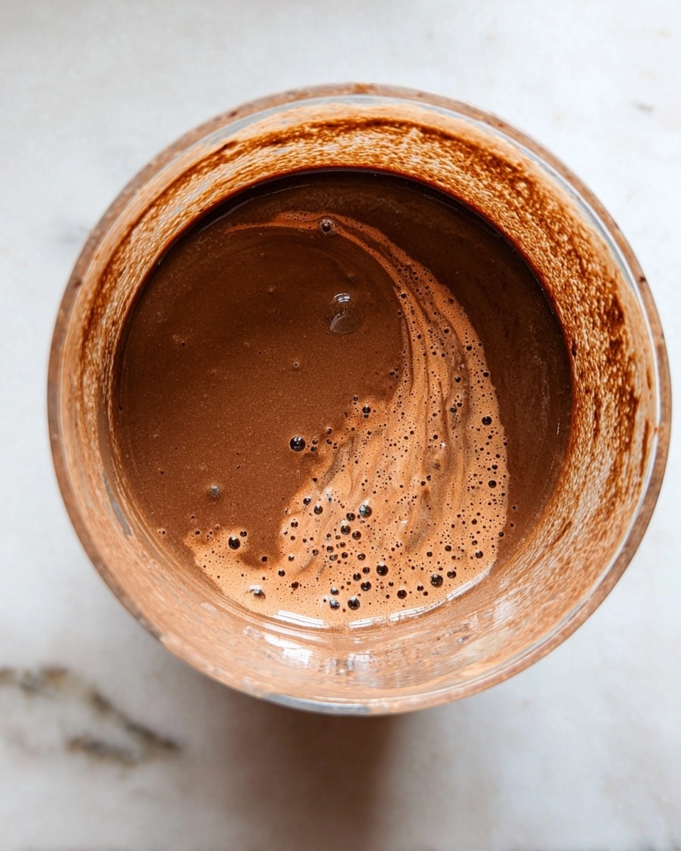 A close-up view of a clear container filled halfway with a smooth, dark brown liquid mixture with small bubbles on the surface; the inside walls of the container show a light coating of the same brown mixture, creating a textured swirl pattern. The container is placed on a white marbled surface. photo taken with an iphone --ar 4:5 --v 7