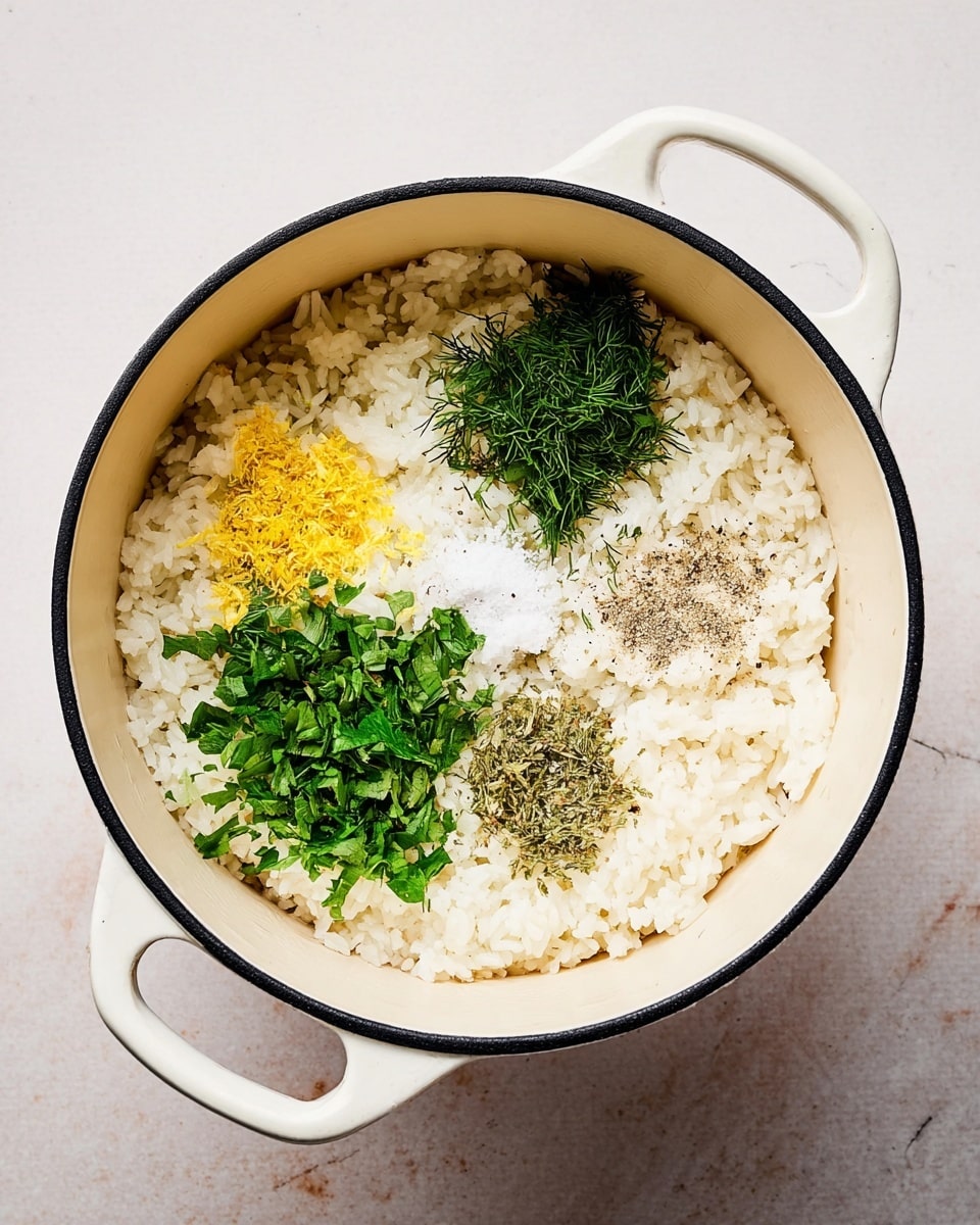 A white pot with black rim handles two portions of fluffy white rice as the base layer. On top, five small piles of herbs and seasoning are placed separately in a circle; bright yellow lemon zest on the left, finely chopped green parsley below it, ground black pepper mixed with salt slightly to the right, fresh green mint leaves above it, and finely chopped dill at the top. The pot sits on a white marbled surface. Photo taken with an iphone --ar 4:5 --v 7