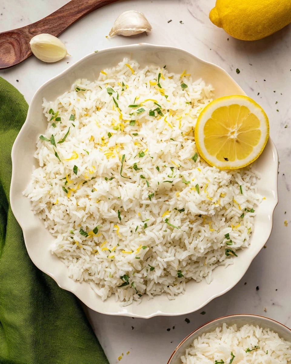 A white scalloped bowl filled with a single layer of cooked white rice mixed with small green herbs and thin yellow lemon zest pieces, scattered evenly throughout. On the top right edge of the rice in the bowl, there is a bright yellow lemon wedge positioned slightly tilted. Surrounding the bowl, parts of a green cloth napkin, two garlic cloves, and this same white bowl filled with more plain white rice are visible on a white marbled surface. Photo taken with an iphone --ar 4:5 --v 7