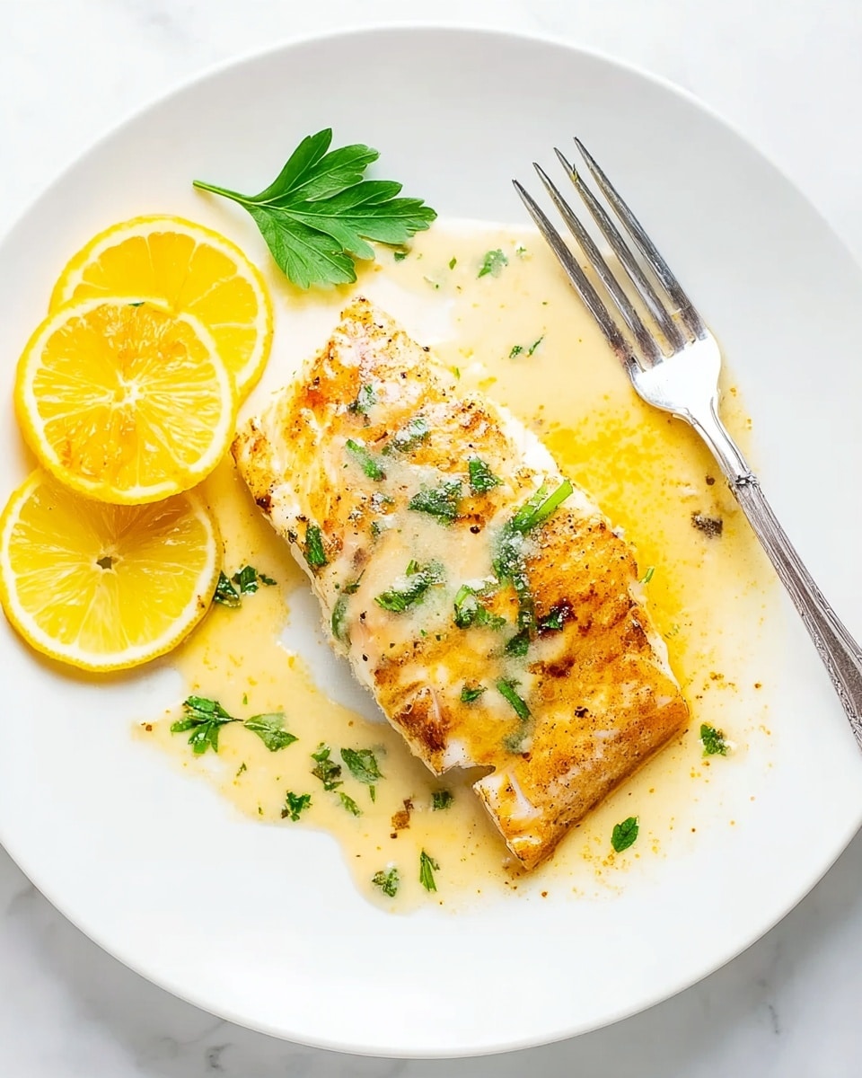 A white plate with a piece of cooked fish fillet in the center, golden brown on top with a light sauce covering the middle part, garnished with small green herbs. To the left of the fish are two lemon slices and a small sprig of parsley. A silver fork rests diagonally on the top right side of the plate. The background is a white marbled surface. photo taken with an iphone --ar 4:5 --v 7