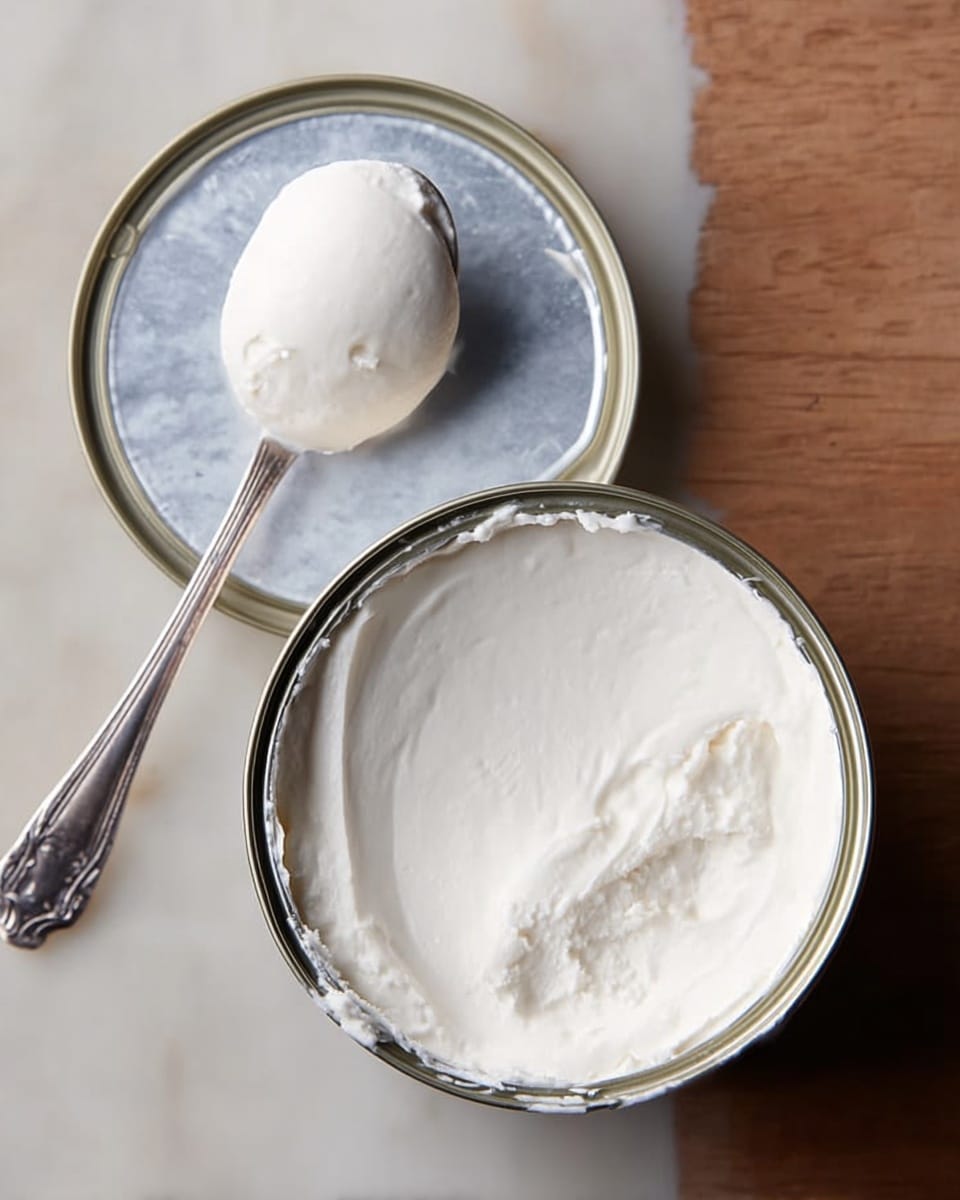The image shows an opened can of solid white coconut cream with a smooth, creamy texture on top, placed on a white marbled surface. The can lid is lifted and held above the can with smooth white cream visible on its inside. Next to the can, a silver spoon rests on the surface, holding a small rounded scoop of the same thick white cream. The overall color palette is clean and simple with white and silver tones against the warm wood background. photo taken with an iphone --ar 4:5 --v 7