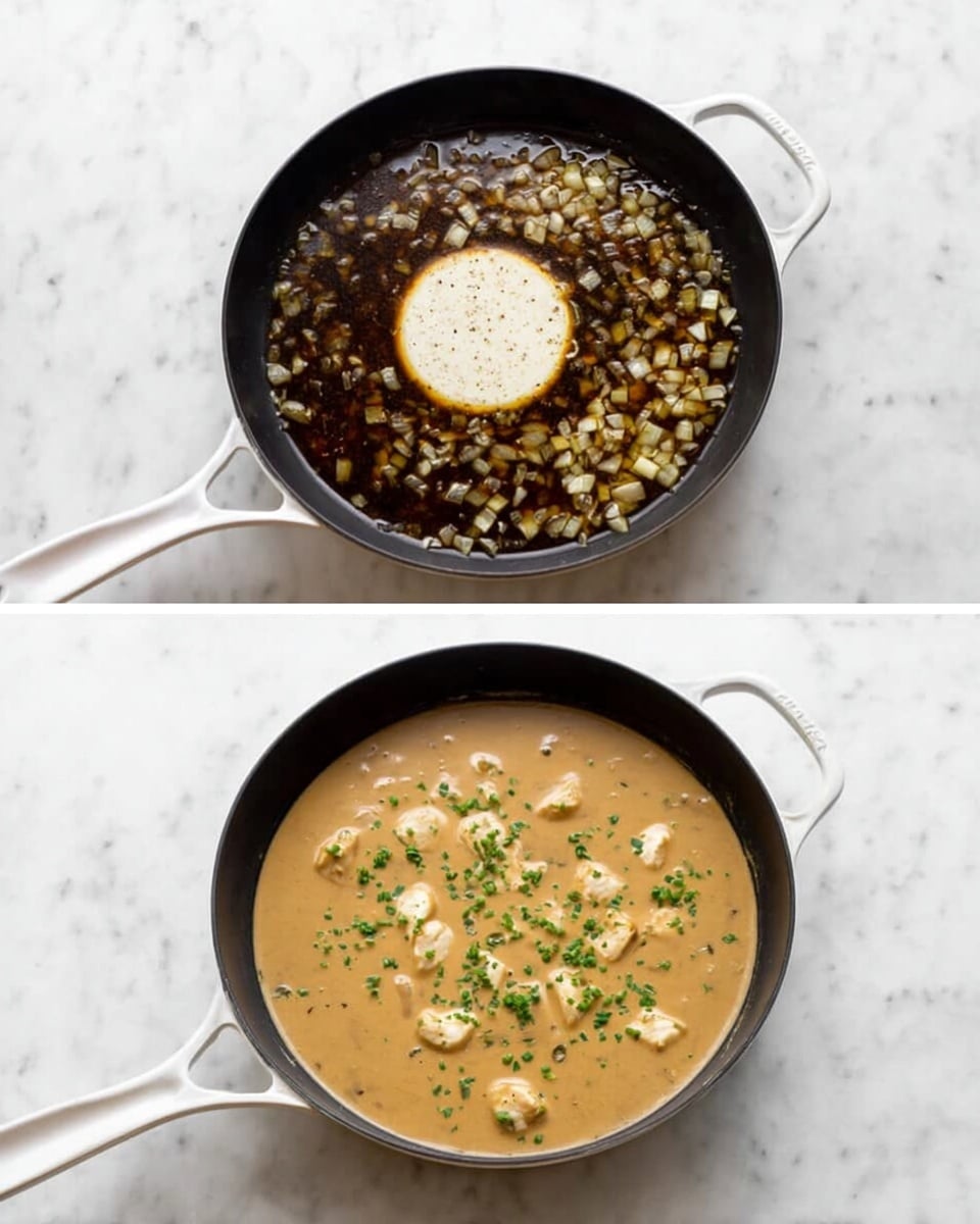 The first image shows a black cooking pan with a white handle placed on a white marbled surface. Inside the pan, there are translucent chopped onions floating in a dark liquid broth. A small round white disk with specks of herbs floats in the middle of the pan. The second image features the same black pan and handle on the white marbled surface, now filled with a thick creamy light brown sauce. Small chunks of light-colored pieces are spread throughout the sauce, and finely chopped green herbs are sprinkled on top. photo taken with an iphone --ar 4:5 --v 7