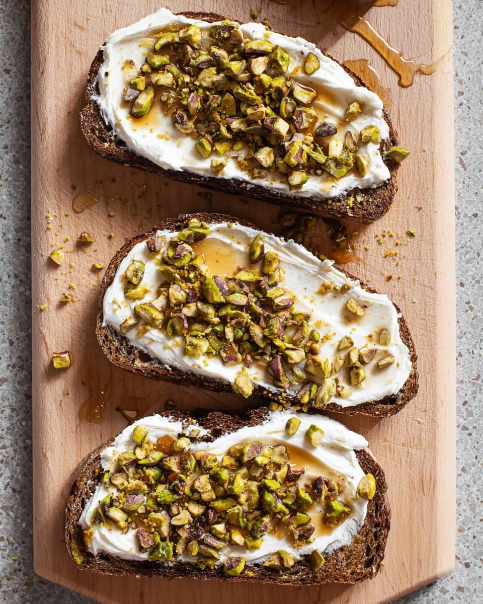 Three slices of dark, seeded bread are laid out on a light wooden chopping board with a few small honey drips around. Each slice is thickly spread with a smooth, white cream cheese layer that covers the entire top surface. Scattered evenly over the cream cheese are rough pieces of toasted pistachios, showing green and brown shades. A shiny layer of honey is drizzled on top, adding a glossy effect to the pistachios and cream cheese. Photo taken with an iphone --ar 4:5 --v 7