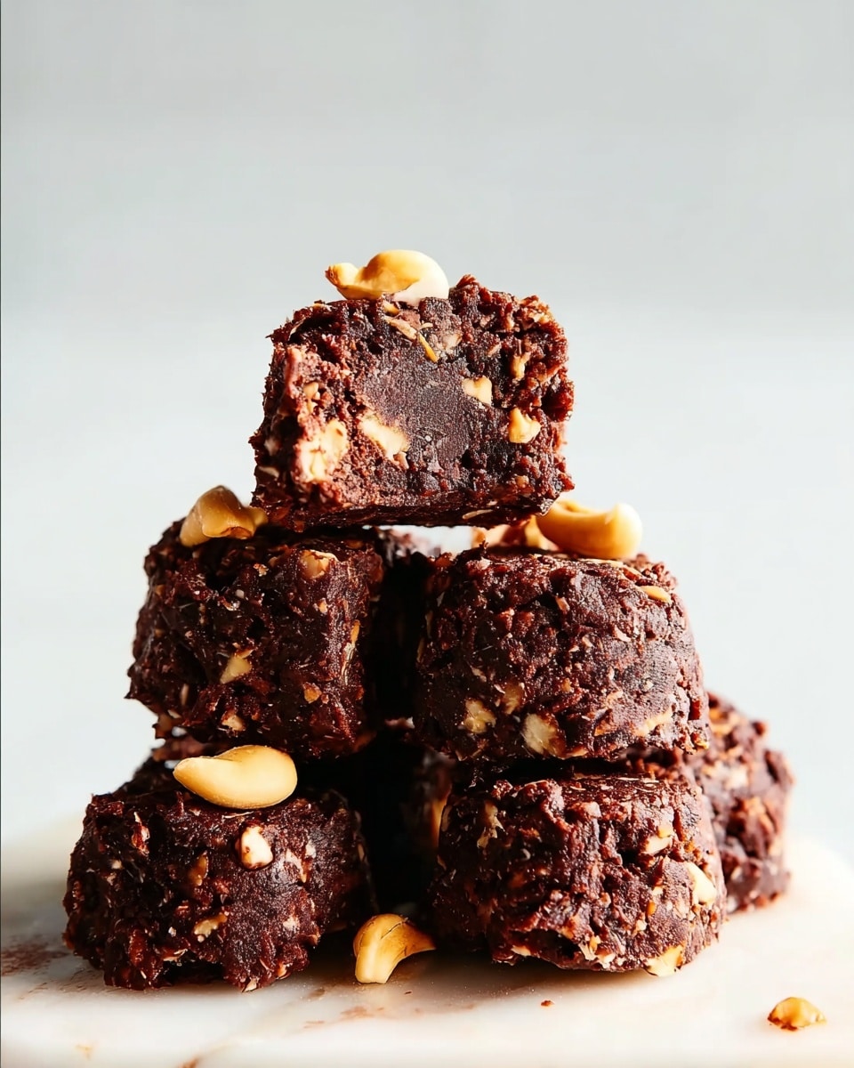 The image shows a stack of six dark brown, chunky chocolate and nut treats arranged in a pyramid shape on a white marbled surface. Each piece looks thick and rough with visible nut pieces mixed throughout, giving a textured and crumbly appearance. The top treat is cut in half, revealing a dense inside filled with small nuts. A few whole nuts sit on top of the pyramid, adding a bright contrast to the dark chocolate color. The background is plain and softly lit, making the treats the main focus. photo taken with an iphone --ar 4:5 --v 7