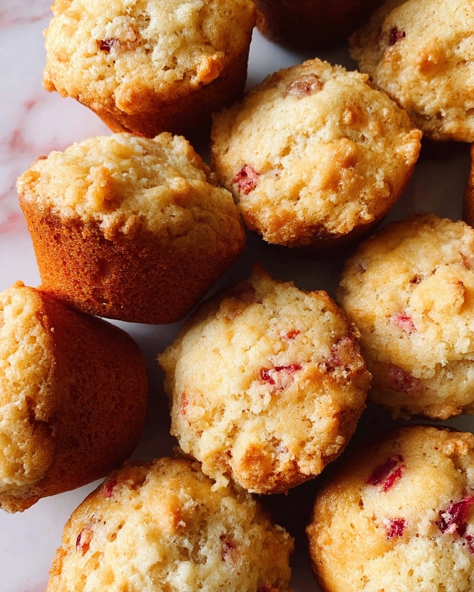 A close-up view of several small muffins with a golden brown top and light beige bottom, showing a crumbly texture and bits of red fruit scattered throughout. The muffins are placed closely together on a surface with a white marbled texture, filling the frame almost entirely and highlighting their slightly rough and uneven tops. photo taken with an iphone --ar 4:5 --v 7