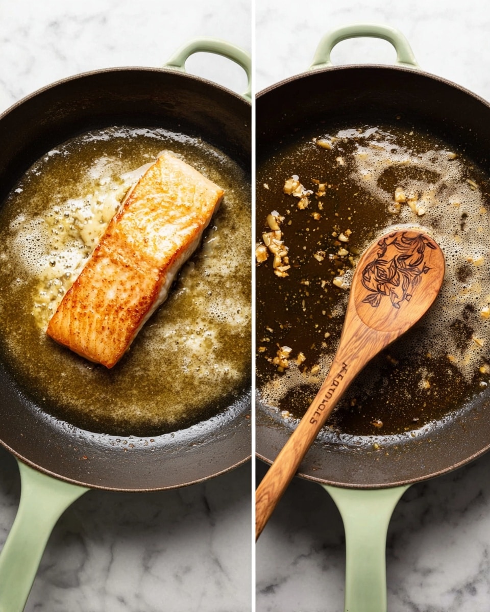 The image shows two views of a green cast iron pan on a white marbled surface. On the left, a golden-brown cooked fish fillet with a slightly crispy texture sits in bubbly melted butter, positioned in the center of the pan. On the right, the pan is empty except for melted butter with small bits of browned garlic scattered in it, and a wooden spoon with an engraved design resting diagonally inside, its handle extending out of the pan. The pan has a long handle pointing toward the bottom left corner. photo taken with an iphone --ar 4:5 --v 7