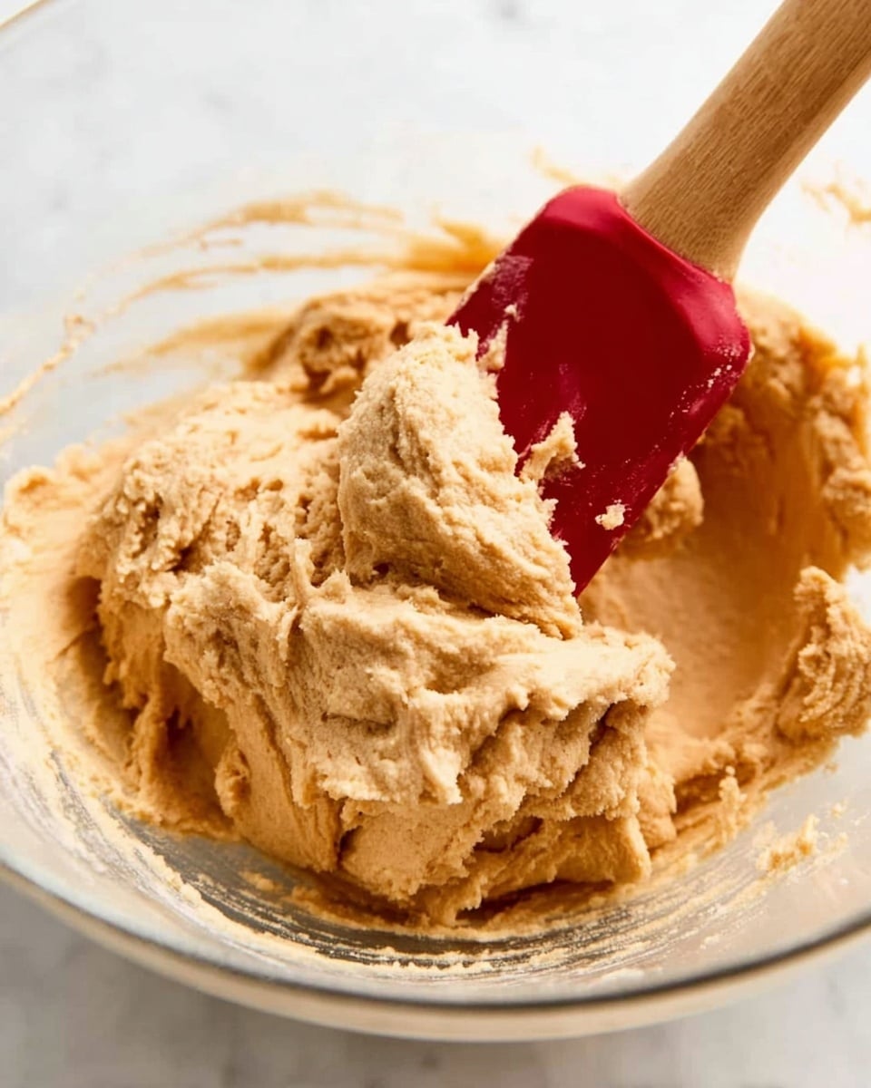 A close-up view of thick, light brown dough with a slightly rough texture, sitting in a clear glass bowl. A red silicone spatula with a wooden handle is partly buried in the dough, showing smooth and creamy layers being mixed. The background is a white marbled texture, adding a clean and bright feel to the image. The dough looks soft and dense, taking up most of the bowl's space. photo taken with an iphone --ar 4:5 --v 7