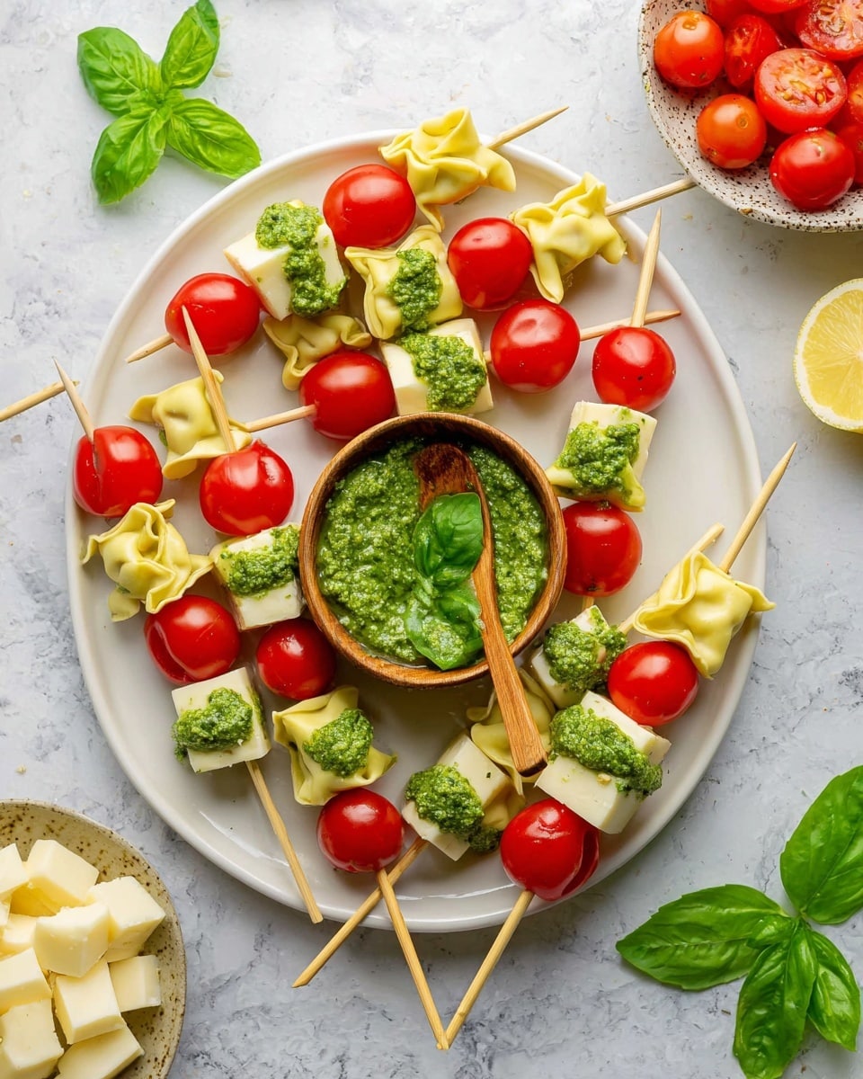 The image shows a white plate on a white marbled surface filled with several skewers arranged in a circle. Each skewer has three parts: a bright red cherry tomato at the top, a small cube of pale yellow cheese in the middle, and a piece of green tortellini pasta at the bottom. Some skewers are topped with dollops of vibrant green pesto sauce. A small wooden bowl with a tiny wooden spoon sits in the center of the plate, filled with more green pesto. Scattered around the plate are fresh green basil leaves, adding contrast to the red and yellow colors. Nearby, a bowl with more cubed cheese, some cherry tomatoes, and a squeezed lemon half are partially visible. photo taken with an iphone --ar 4:5 --v 7