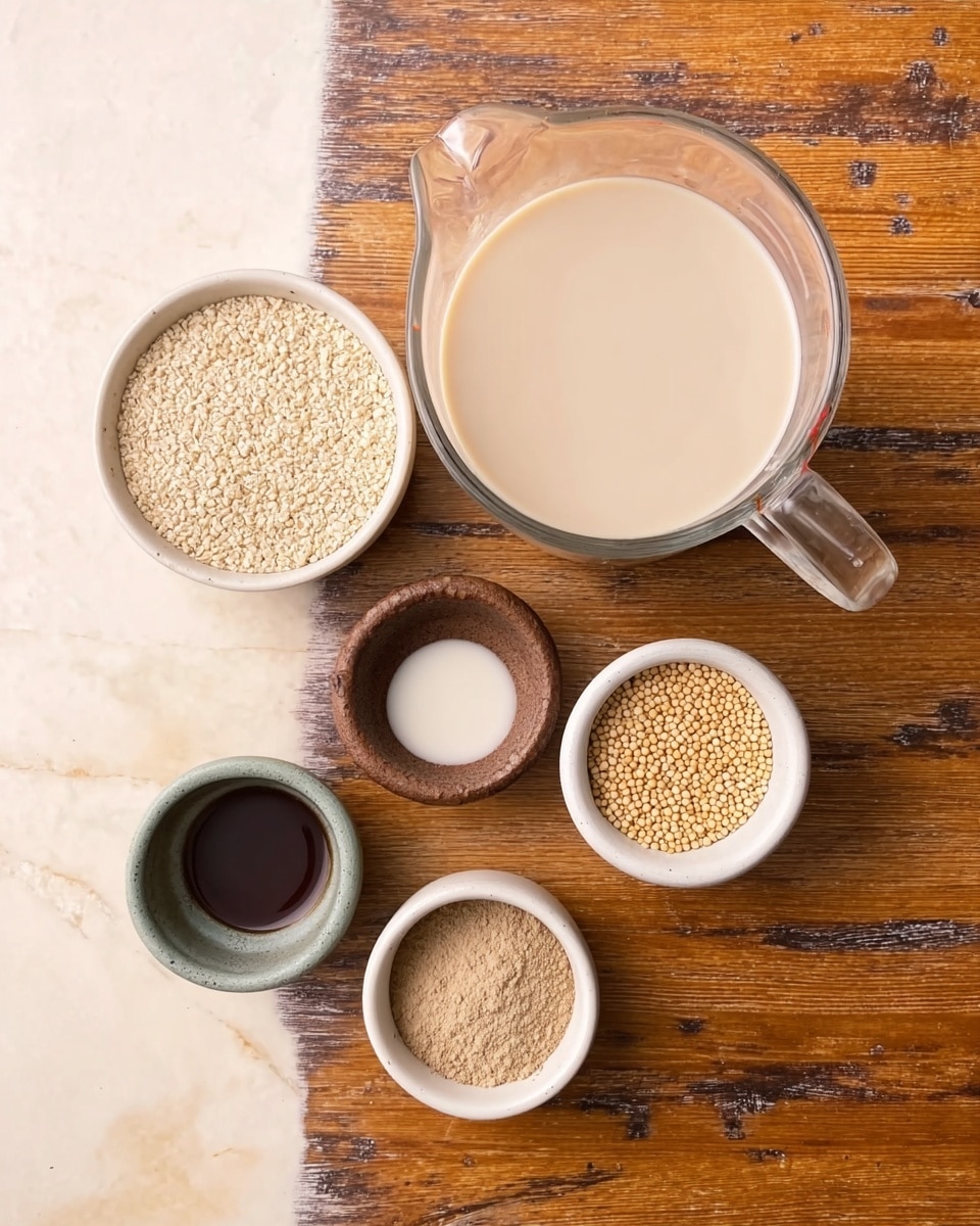The image shows six containers arranged on a surface with a wood color replaced by white marbled texture. At the top center is a large glass measuring jug filled with light beige liquid. To the left, a small white bowl holds fine light brown grains. Below it, another small white bowl contains white granules. In the center sits a tiny round dark brown bowl with a dark liquid inside. At the bottom right, a small dark brown bowl has a brown powder. Finally, on the right is a medium white bowl filled with small, pale yellow round grains. The arrangement forms a loose cluster viewed from above. Photo taken with an iphone --ar 4:5 --v 7