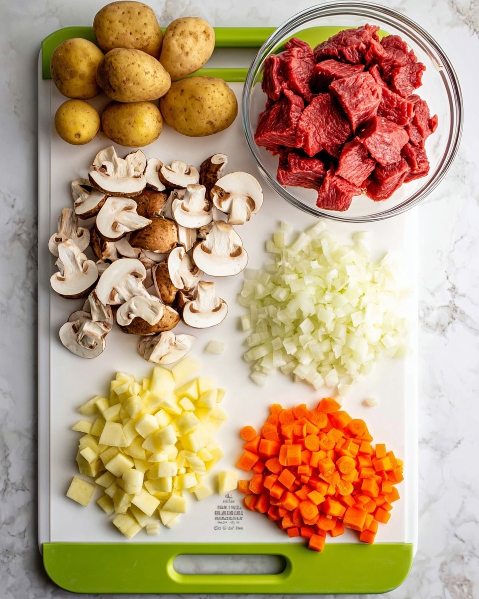 The image shows a white cutting board with green handles placed on a white marbled surface. On the cutting board, there are five groups of chopped ingredients: white and brown sliced mushrooms on the left, finely minced garlic at the bottom left, light yellow chopped apples in the center, bright orange chopped carrots on the bottom right, and finely chopped white onions on the top right. Above the cutting board on the white marbled surface are a cluster of small light brown potatoes to the left and a clear glass bowl filled with bright red raw beef chunks on the right. The overall layout is neat and organized, with the fresh ingredients clearly displayed, photo taken with an iphone --ar 4:5 --v 7