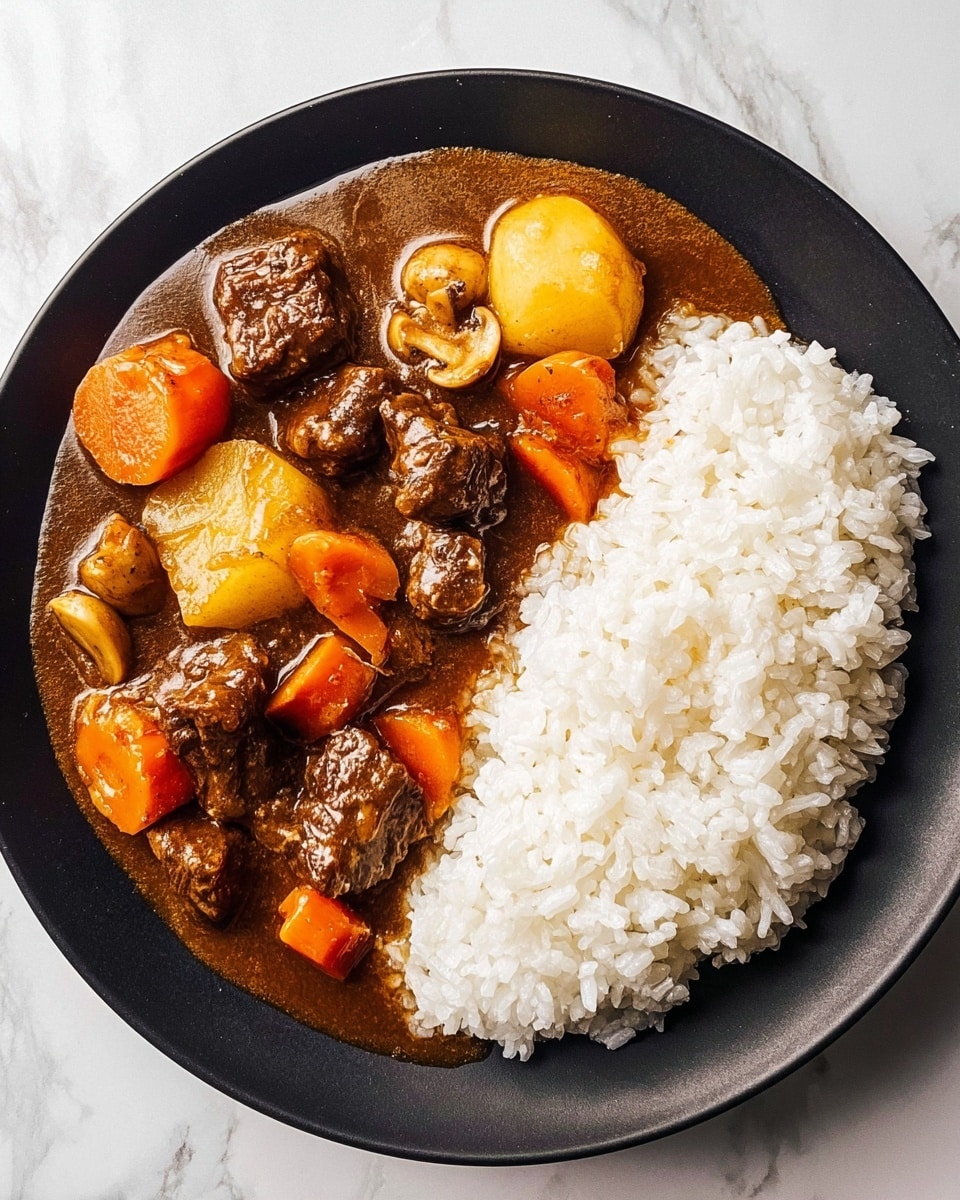 A black round plate holds two main parts: on the right side, a mound of white, fluffy rice with separate grains visible; on the left side, a thick brown stew with chunks of dark brown meat, bright orange carrot pieces, yellow potato wedges, and light beige mushroom slices all mixed in a glossy, rich brown sauce. The plate is set on a white marbled surface. photo taken with an iphone --ar 4:5 --v 7