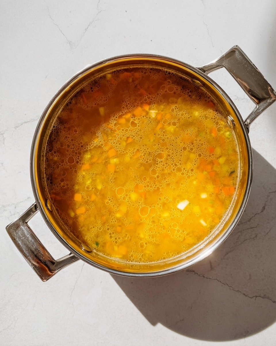 A top view of a shiny silver pot filled with a yellow-orange liquid soup that has small diced vegetable pieces floating inside. The pot has a shiny metal handle on the left and a square shaped handle on the right. It is placed on a white marbled surface, which casts a soft shadow from the pot and its handles. The soup has small bubbles scattered on the surface, making it look warm and fresh. photo taken with an iphone --ar 4:5 --v 7