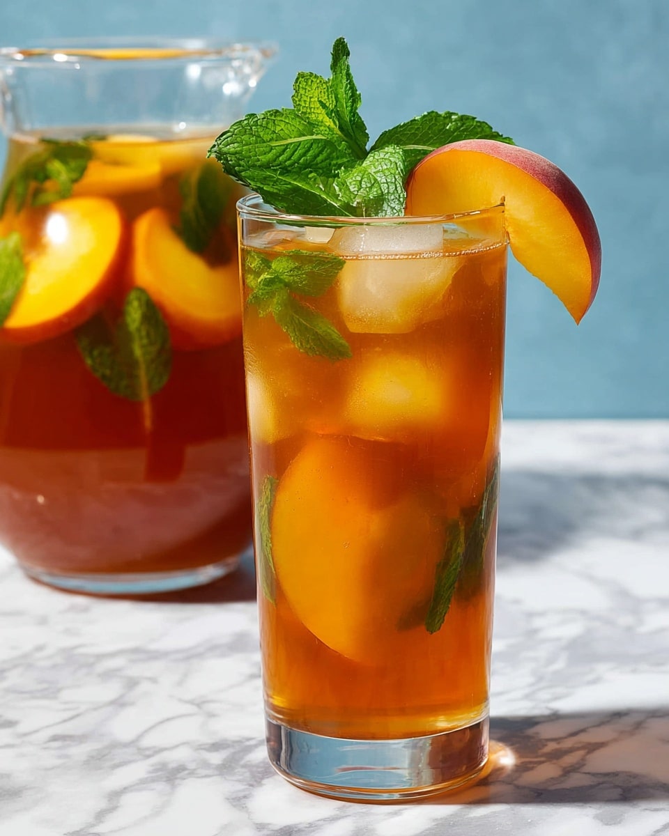 A tall clear glass filled with amber-colored iced tea, containing ice cubes and a fresh green mint leaf inside. On top of the glass sits a bright orange peach slice and a small bunch of vibrant green mint leaves, along with a thin lemon wedge. Behind the glass is a pitcher filled with the same iced tea, garnished with floating mint leaves and peach slices. The scene is set on a white marbled surface with a light blue background. Photo taken with an iphone --ar 4:5 --v 7