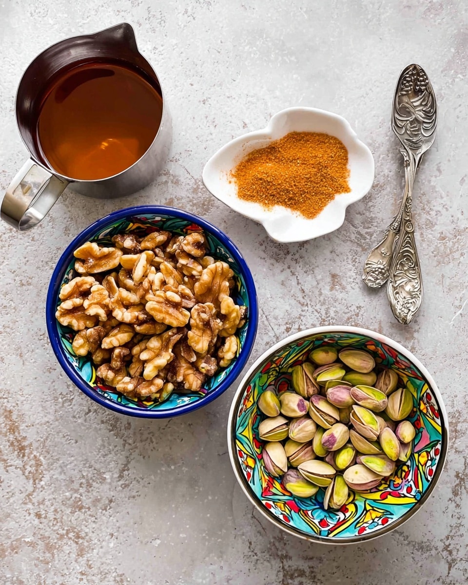 The image shows three bowls and a metal measuring cup on a white marbled surface. The top right bowl is white with a colorful blue, green, yellow, and red floral pattern on the inside, filled with light brown and green pistachio nuts. The bottom bowl has a similar colorful floral pattern with a blue inside border and is filled with light brown walnut halves. Above the bowls, there is a small white spoon-shaped dish holding a pile of orange-brown powdered spice, next to an ornate silver spoon. To the left of the bowls, a metal ¼ cup measuring cup is filled with a thick amber-colored liquid, possibly syrup. photo taken with an iphone --ar 4:5 --v 7