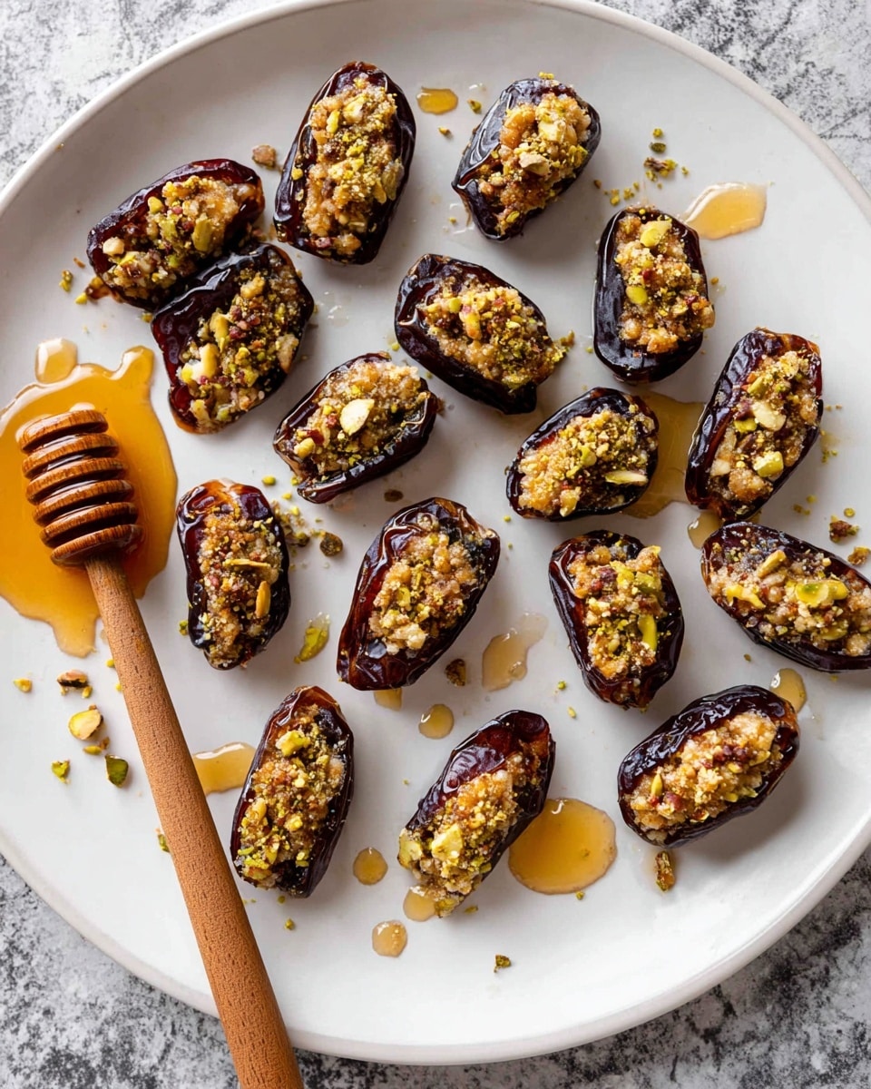 A white plate filled with around eighteen dark brown dates, each sliced open and stuffed with a chunky mix of crushed nuts in shades of light green and beige. There are drops of golden honey drizzled across the plate and over the dates, adding a sticky shine. A wooden honey dipper coated with honey rests on the left side of the plate. The plate is placed on a white marbled surface. Photo taken with an iphone --ar 4:5 --v 7