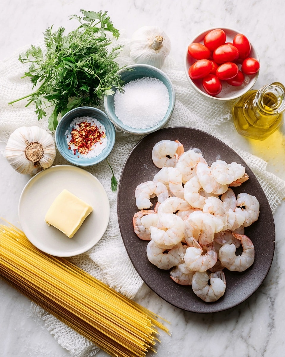 A dark oval plate filled with two layers of raw shrimp, their translucent white and soft pink bodies arranged in a piled, semi-curved shape, sits on the right side of the frame on a white marbled surface. To the left, a cluster of fresh green herbs lies atop a white cloth, with a whole garlic bulb and individual cloves placed nearby. Bright red grape tomatoes sit in a small white bowl and around the corner, a small white bowl holds coarse salt, while a small blue bowl next to it contains red chili flakes. A single square of pale yellow butter rests on a white plate in the lower left corner. Dry, uncooked linguine pasta sticks extend from their open packaging at the bottom right. A small glass bottle holding golden olive oil is also visible near the plate of shrimp, photo taken with an iphone --ar 4:5 --v 7