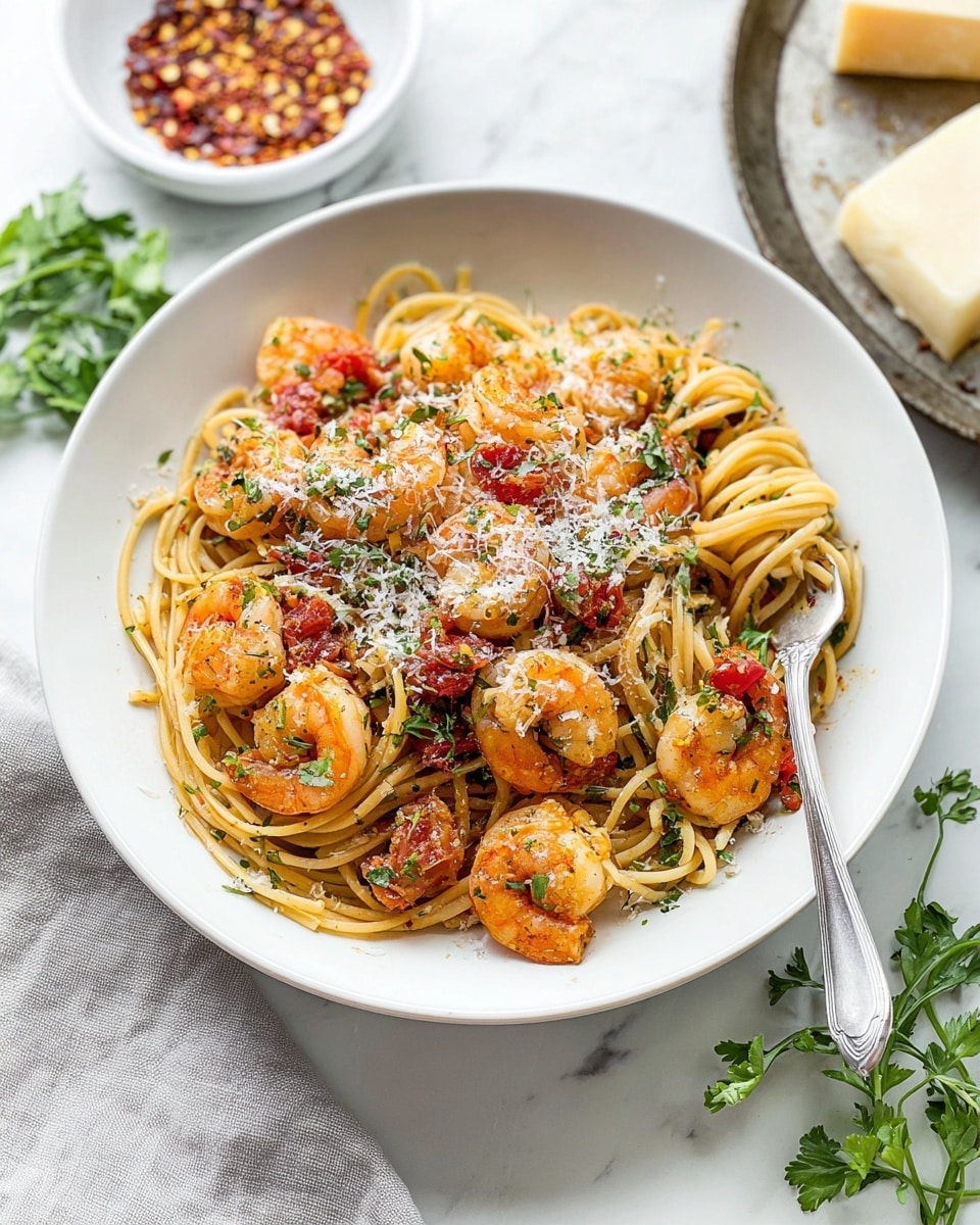 A white plate filled with spaghetti noodles mixed with plump, cooked shrimp that have an orange-pink color. There are small pieces of red tomato and green herbs spread throughout the pasta. The top of the dish is sprinkled with grated cheese, adding a soft white layer over the shrimp and noodles. A silver fork rests on the edge of the plate, partially twirling some noodles. The plate is placed on a white marbled surface, and in the background, there is a small bowl with red chili flakes and some fresh green herbs. A chunk of cheese is on a small metal tray at the top right corner. Photo taken with an iphone --ar 4:5 --v 7