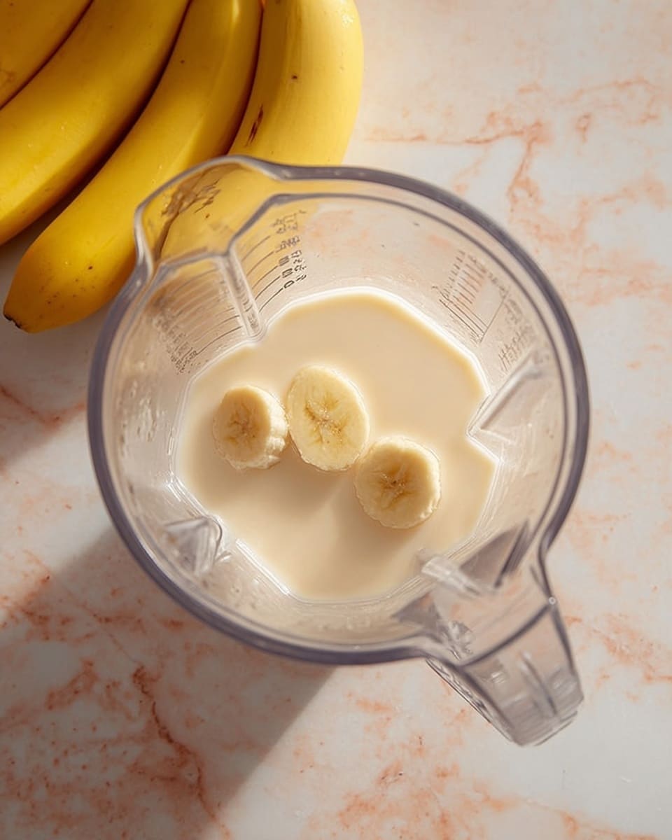 A clear blender pitcher with measurement marks contains two pieces of peeled banana floating in a smooth, creamy beige liquid, likely milk or a milk substitute. The blender sits on a white marbled surface, with a bunch of bright yellow bananas partially visible on the side. The lighting is soft and natural, highlighting the soft texture of the bananas and the gentle flow of the liquid in the blender pitcher. photo taken with an iphone --ar 4:5 --v 7