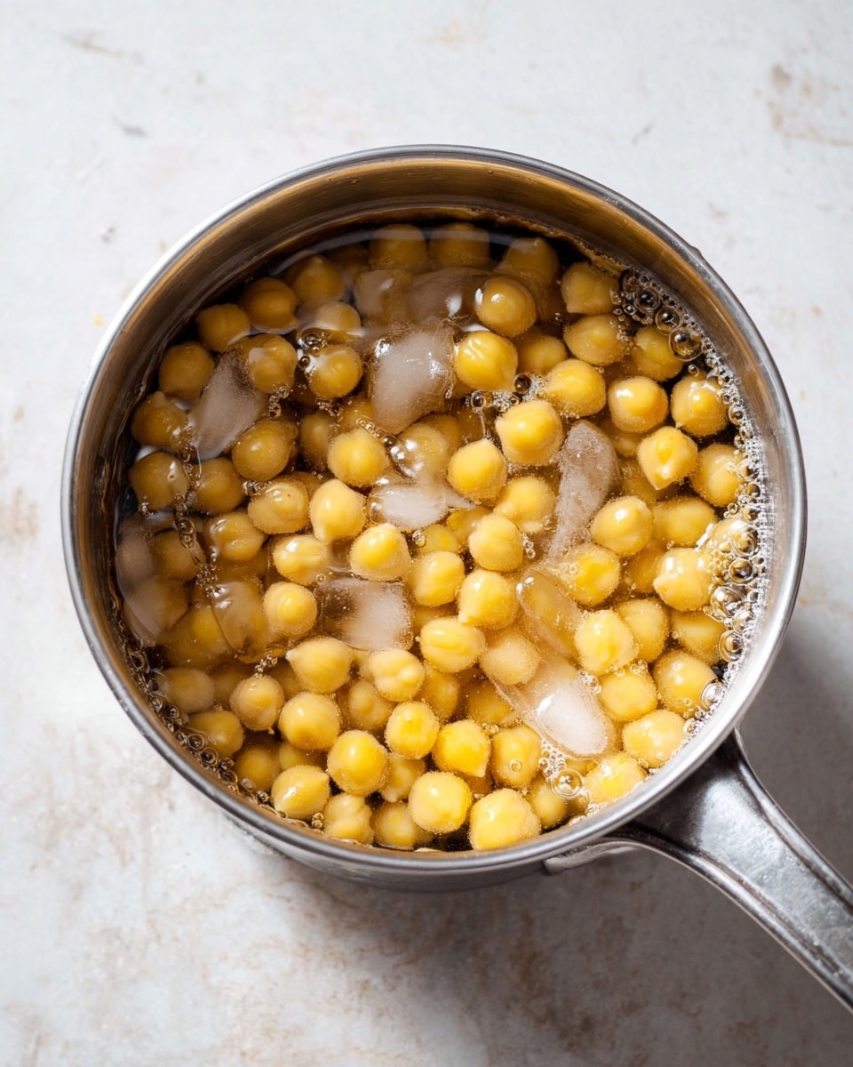 A silver metal pot filled with light yellow chickpeas soaking in clear water with some small bubbles and ice cubes floating on the surface. The pot is placed on a white marbled surface with a soft light shining from the side, showing details of the chickpeas' smooth and rounded texture. The handle of the pot extends out to the right side. photo taken with an iphone --ar 4:5 --v 7