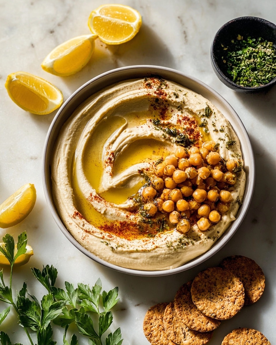A shallow white bowl holds creamy hummus spread in thick, smooth swirls with a shiny layer of olive oil pooling in the middle. On the right side of the hummus, a cluster of whole chickpeas sits atop, sprinkled with reddish paprika and dried herbs, adding texture and color contrast. Surrounding the bowl are lemon wedges with bright yellow skin, a small dark bowl filled with chopped green parsley, and a few round, crunchy crackers. Fresh green parsley leaves lie on the white marbled surface below the bowl, all under soft natural light. Photo taken with an iphone --ar 4:5 --v 7